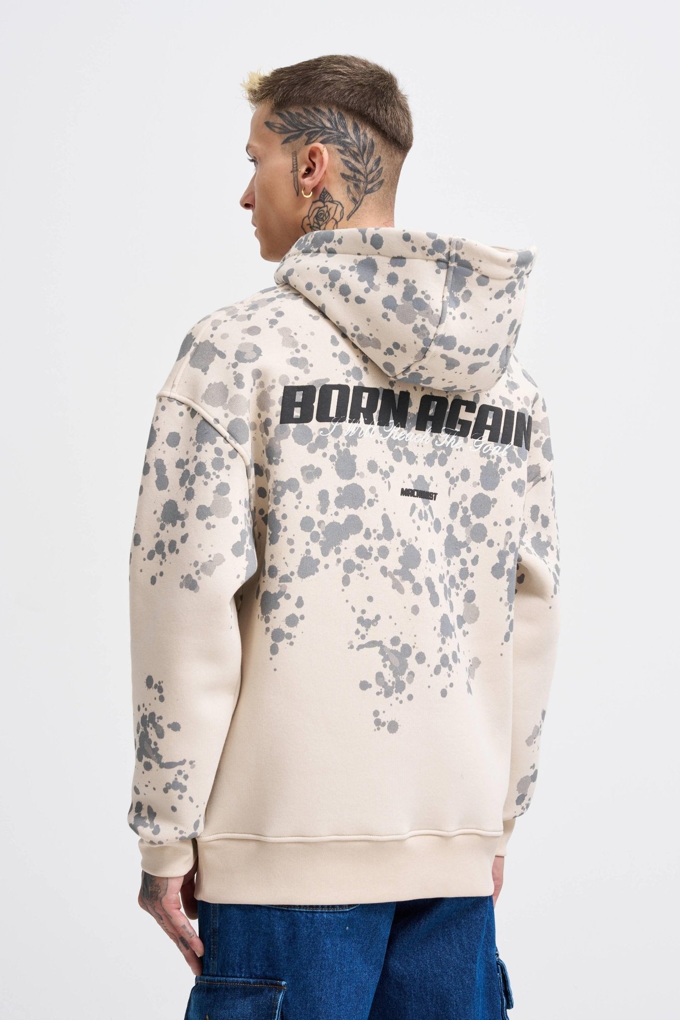 Erkek Splash Printed Kapüşonlu Sweatshirt Açık Bej