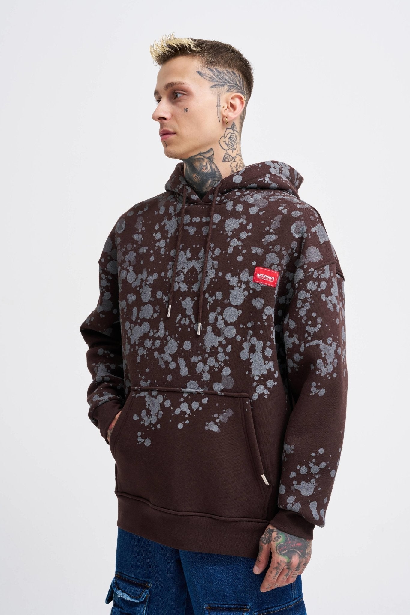 Erkek Splash Printed Kapüşonlu Sweatshirt Koyu Kahverengi