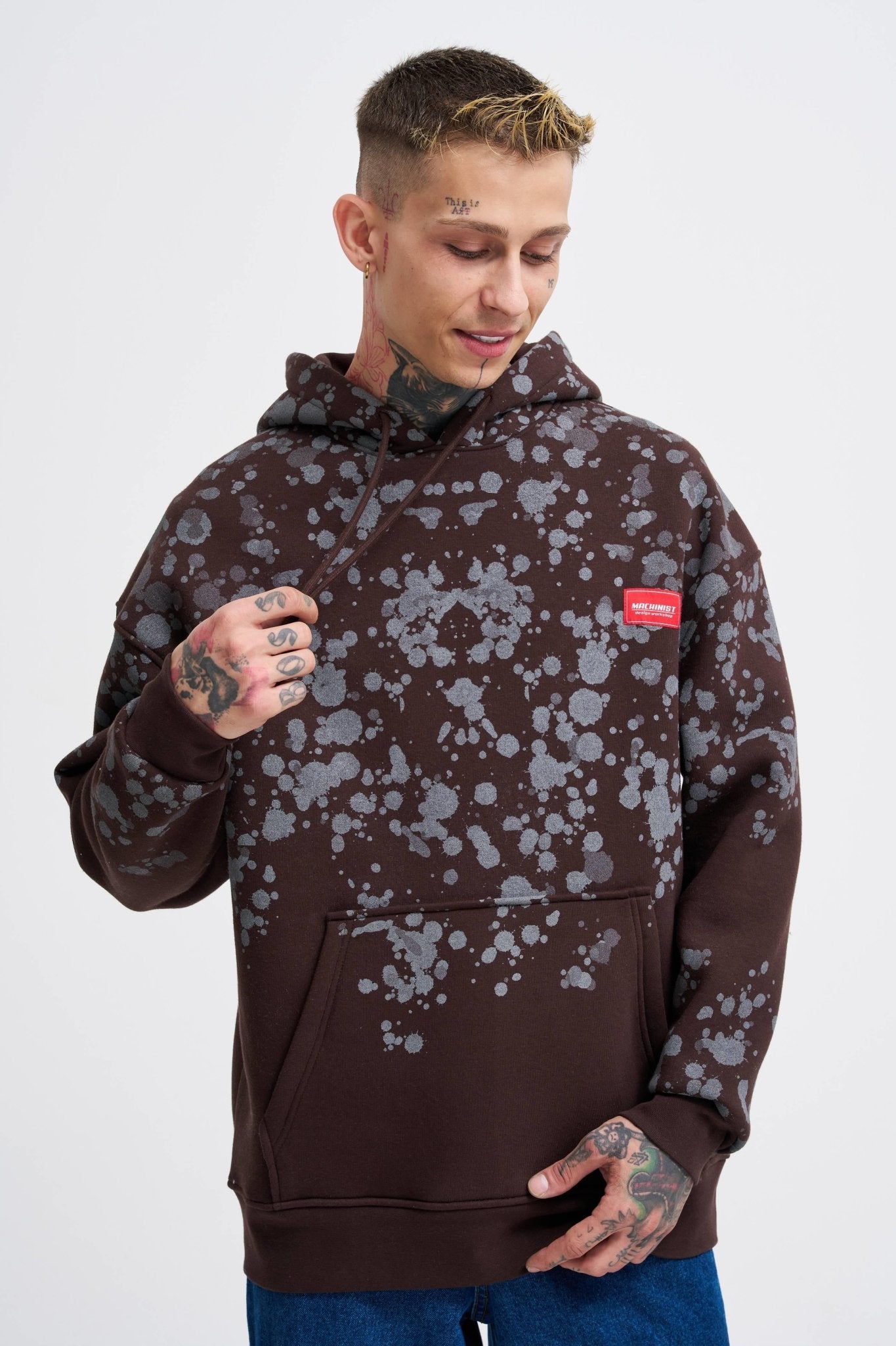 Erkek Splash Printed Kapüşonlu Sweatshirt Koyu Kahverengi