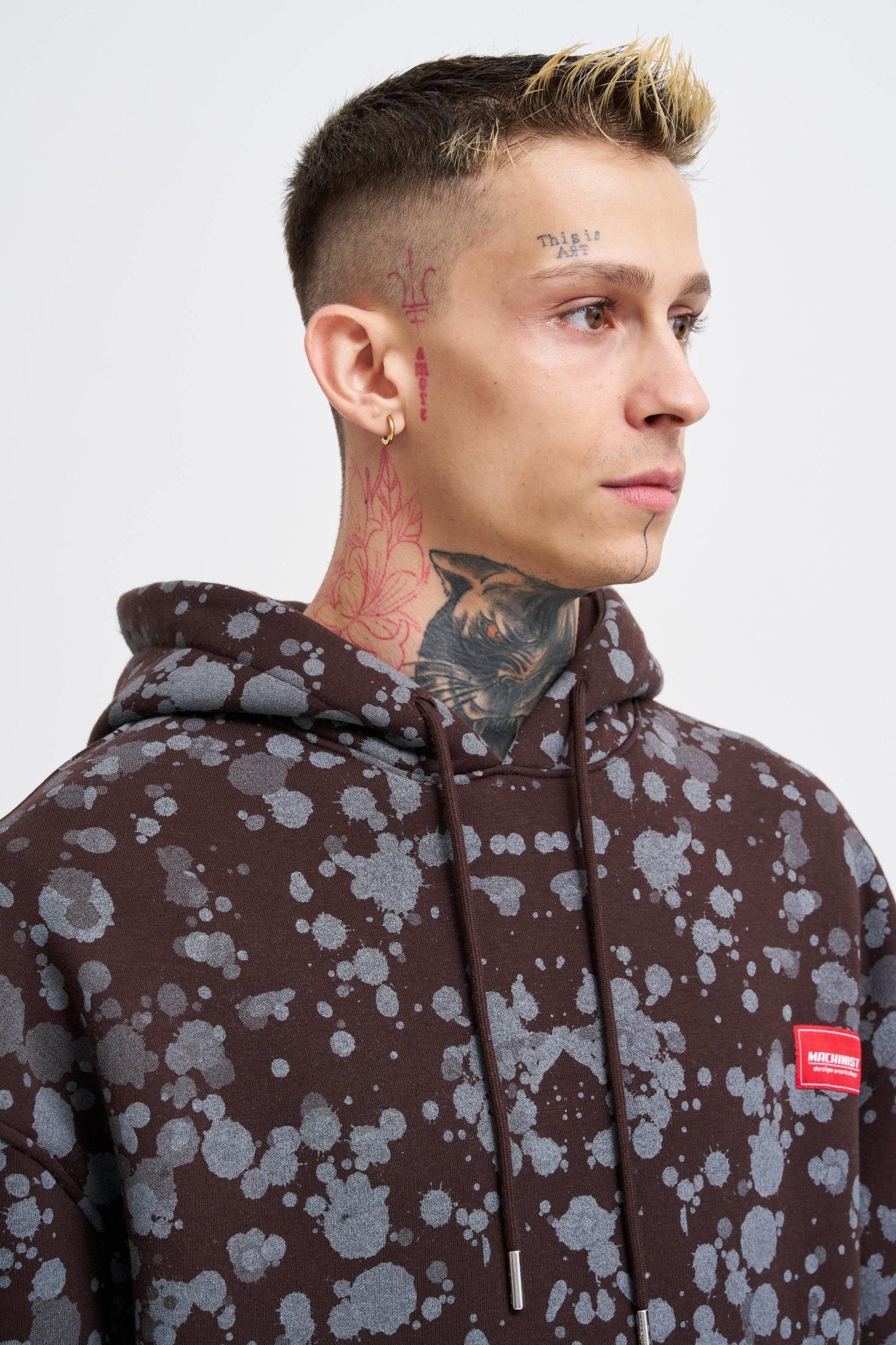 Erkek Splash Printed Kapüşonlu Sweatshirt Koyu Kahverengi