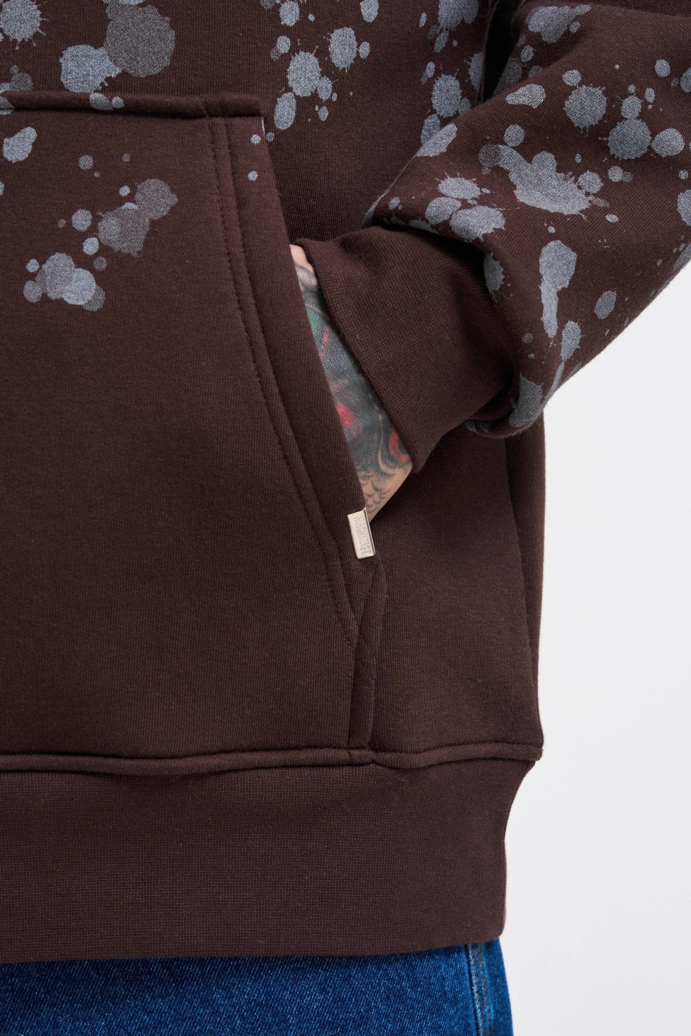 Erkek Splash Printed Kapüşonlu Sweatshirt Koyu Kahverengi