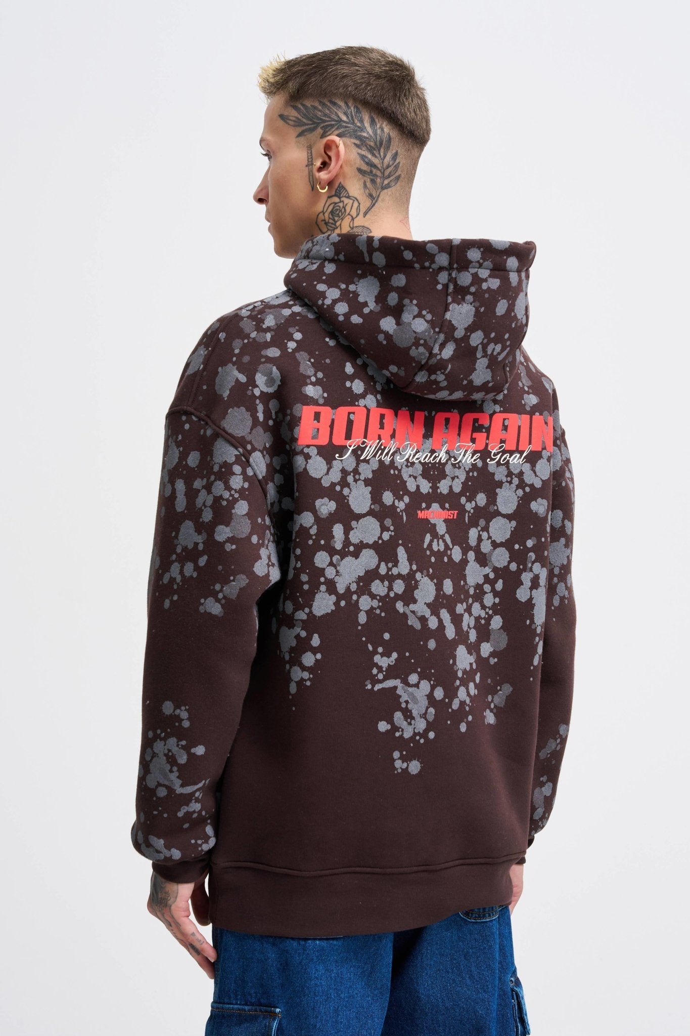 Erkek Splash Printed Kapüşonlu Sweatshirt Koyu Kahverengi