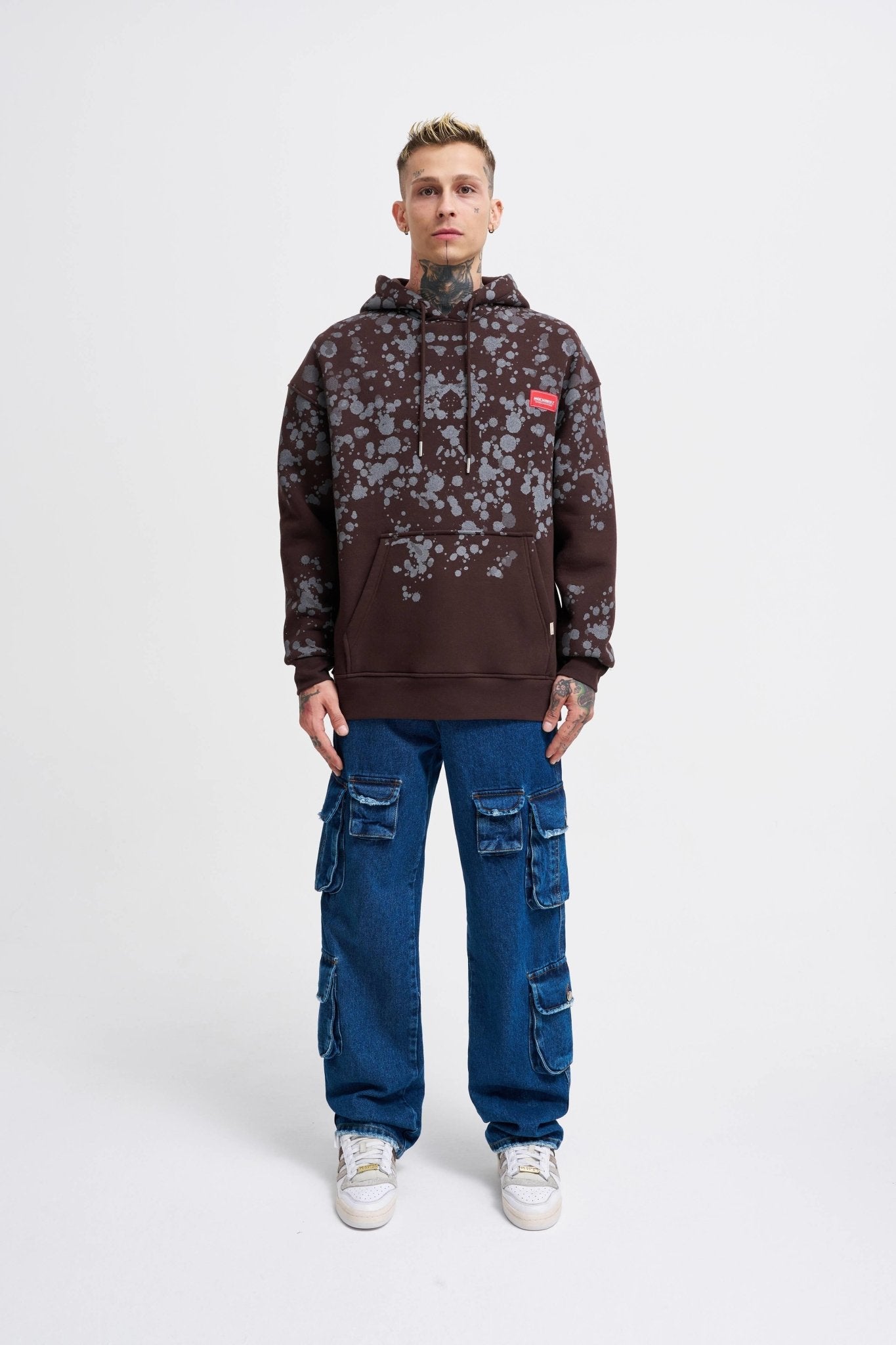 Erkek Splash Printed Kapüşonlu Sweatshirt Koyu Kahverengi