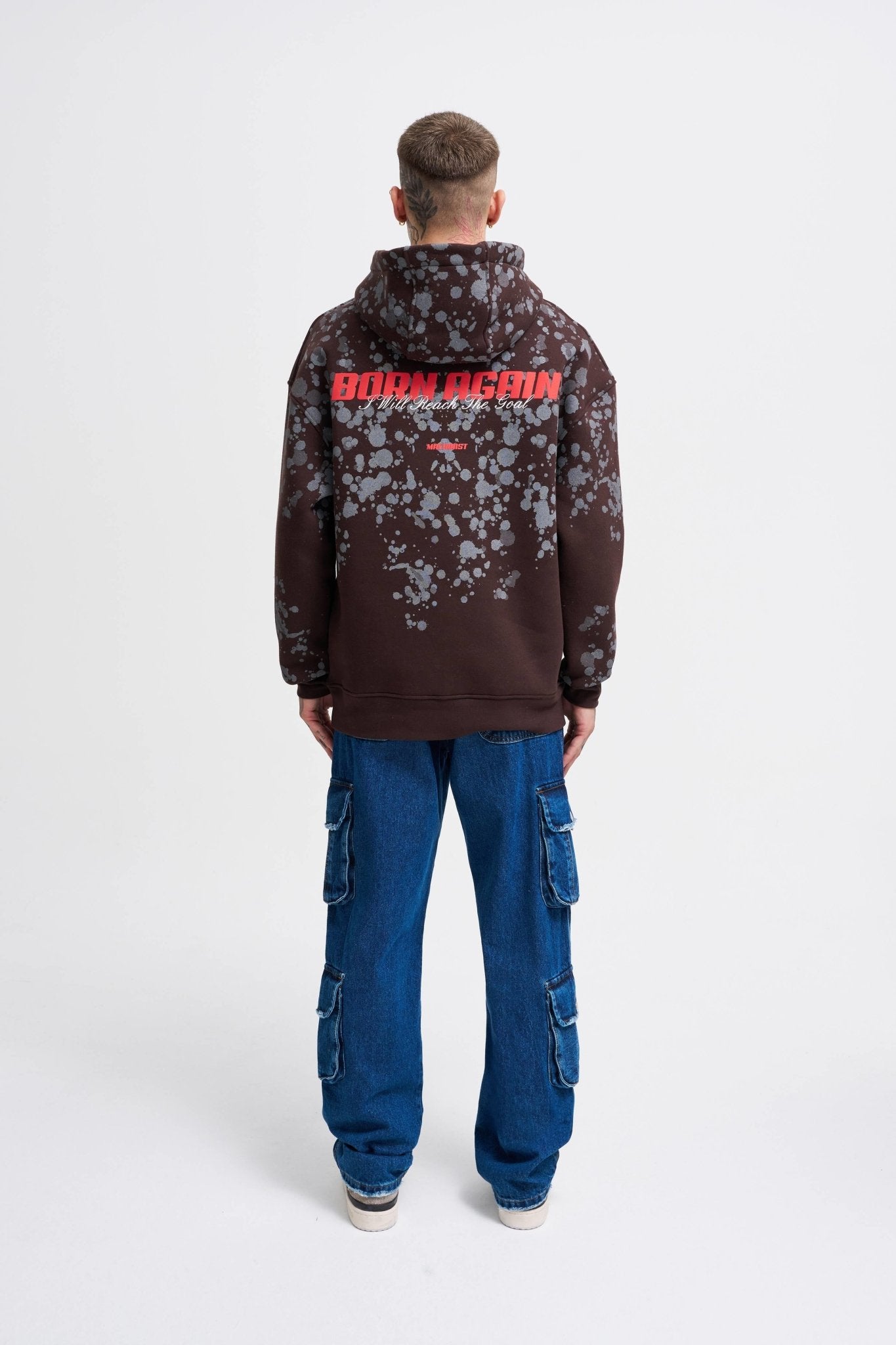 Erkek Splash Printed Kapüşonlu Sweatshirt Koyu Kahverengi