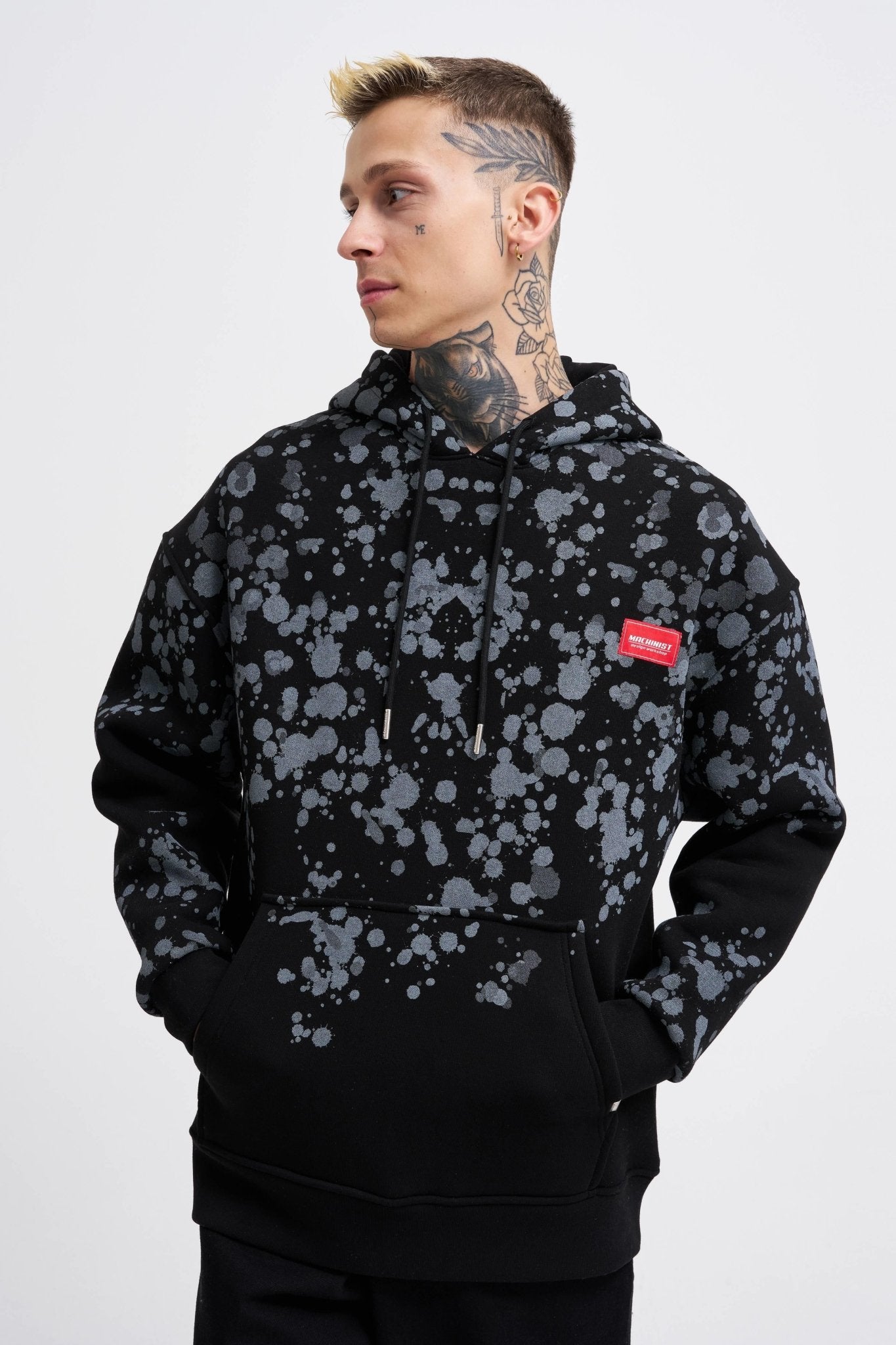 Erkek Splash Printed Kapüşonlu Sweatshirt Siyah