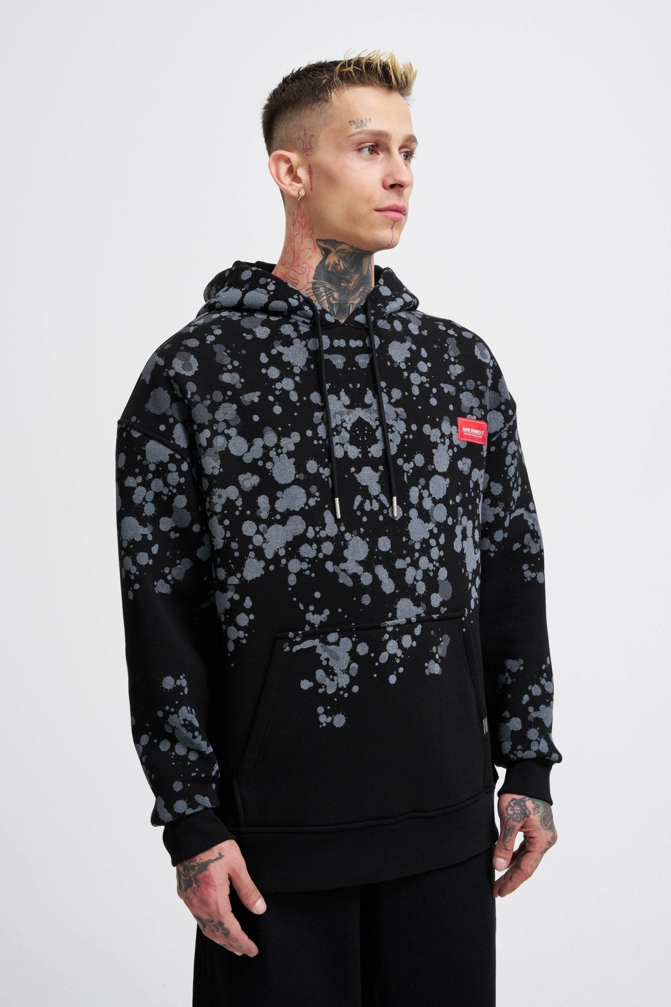 Erkek Splash Printed Kapüşonlu Sweatshirt Siyah