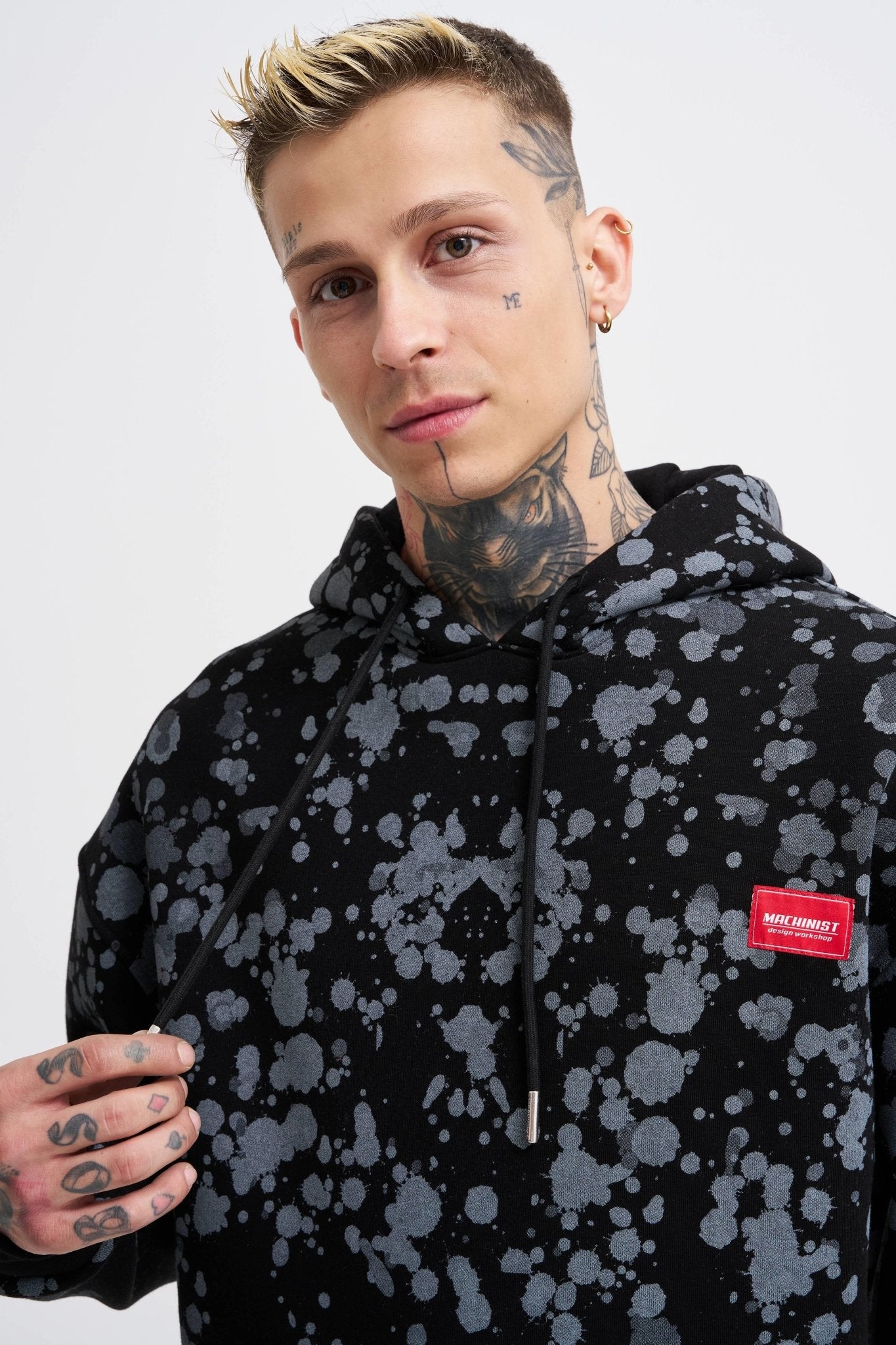 Erkek Splash Printed Kapüşonlu Sweatshirt Siyah