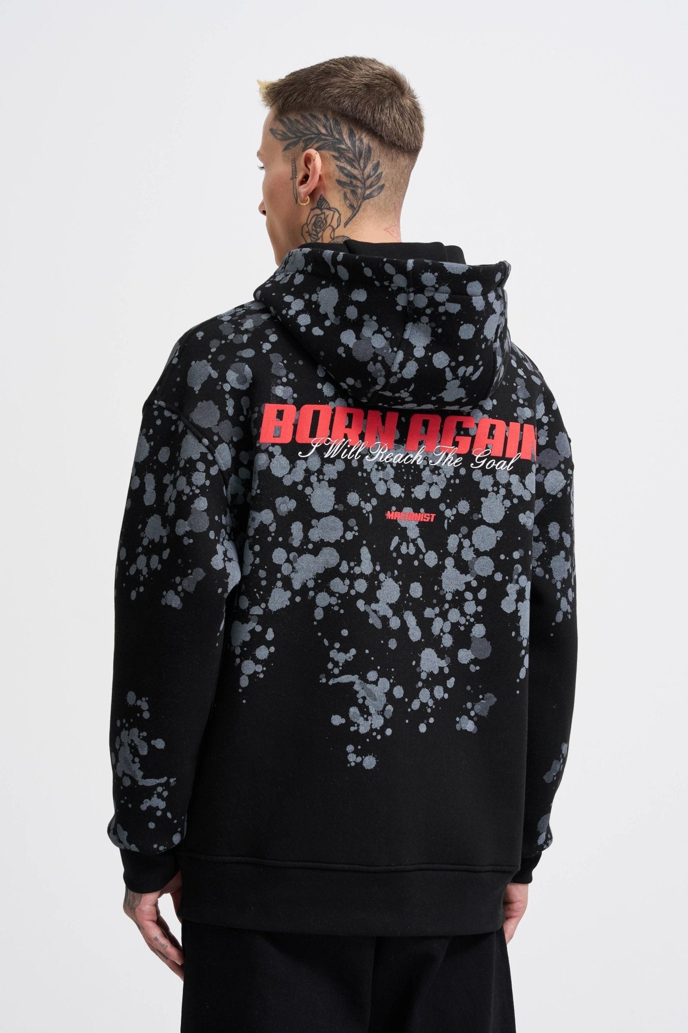Erkek Splash Printed Kapüşonlu Sweatshirt Siyah