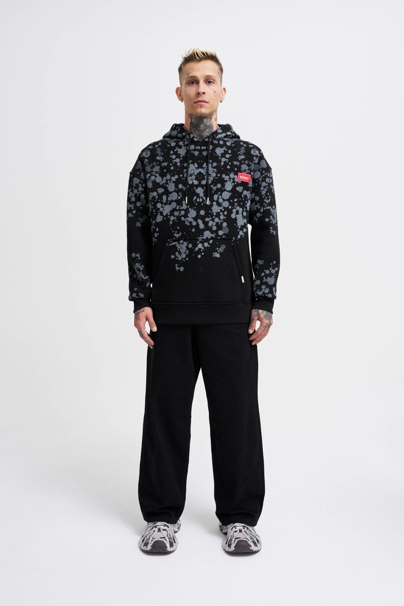 Erkek Splash Printed Kapüşonlu Sweatshirt Siyah