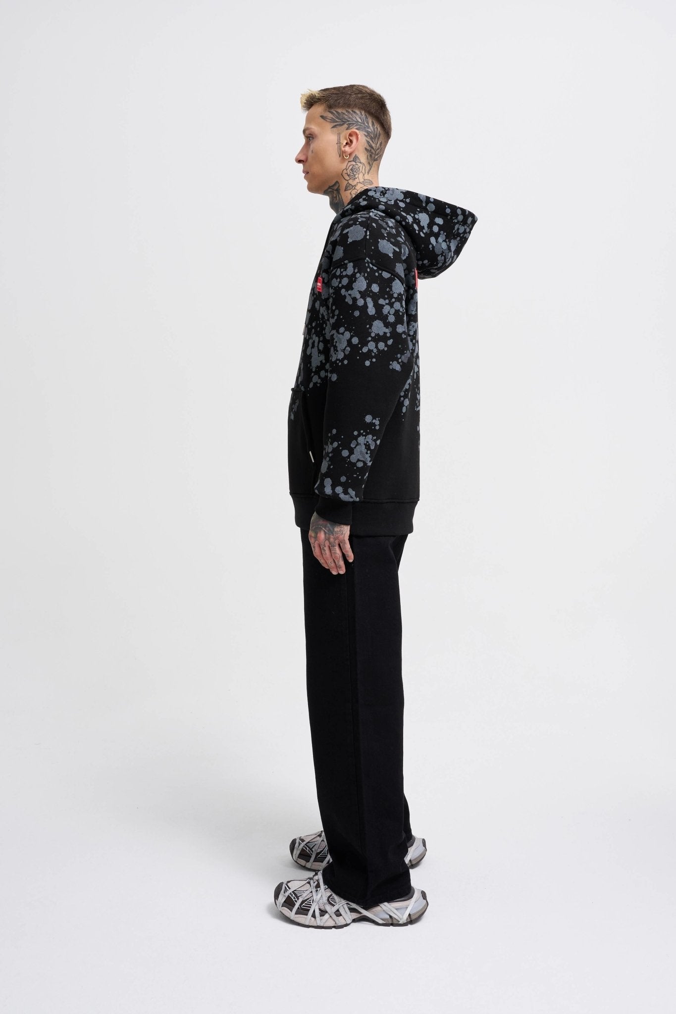 Erkek Splash Printed Kapüşonlu Sweatshirt Siyah