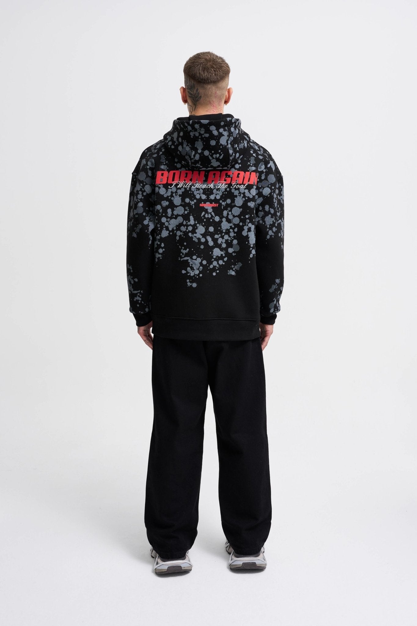 Erkek Splash Printed Kapüşonlu Sweatshirt Siyah