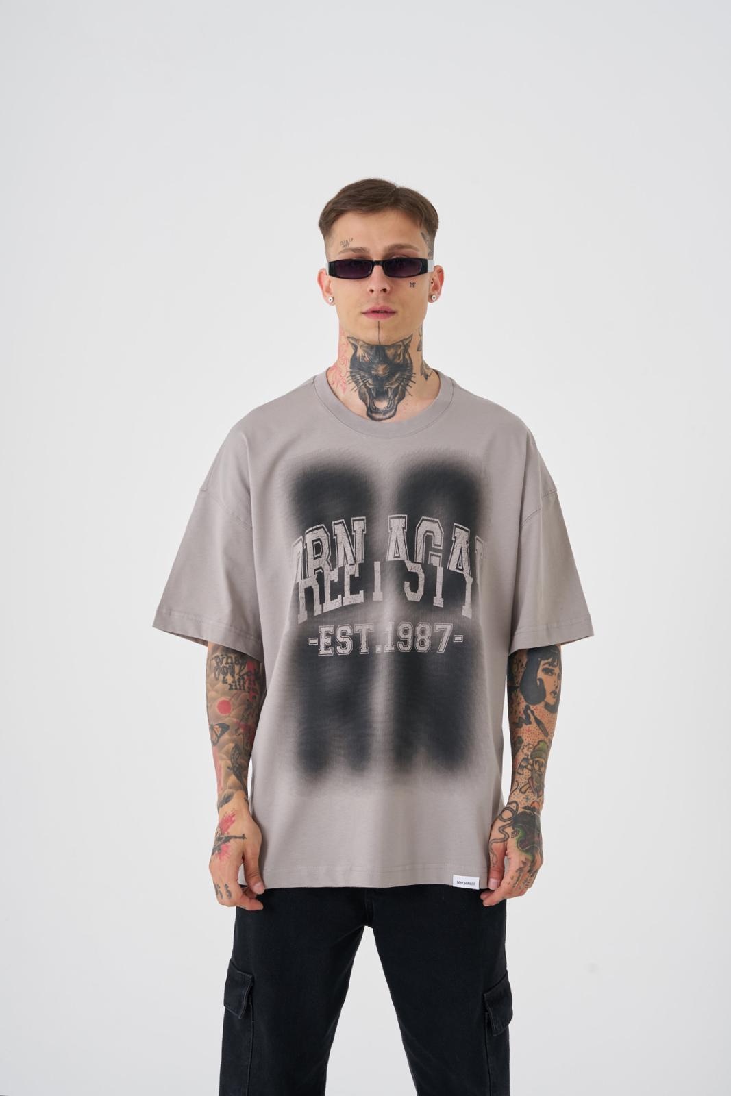 Erkek Street Style Oversize Tişört Açık Gri