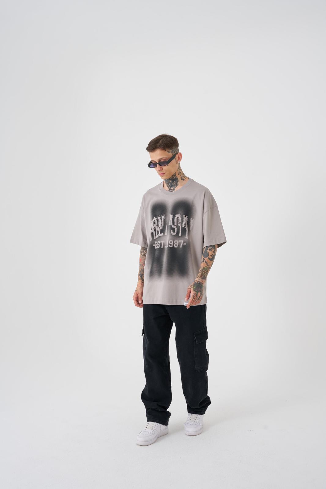 Erkek Street Style Oversize Tişört Açık Gri