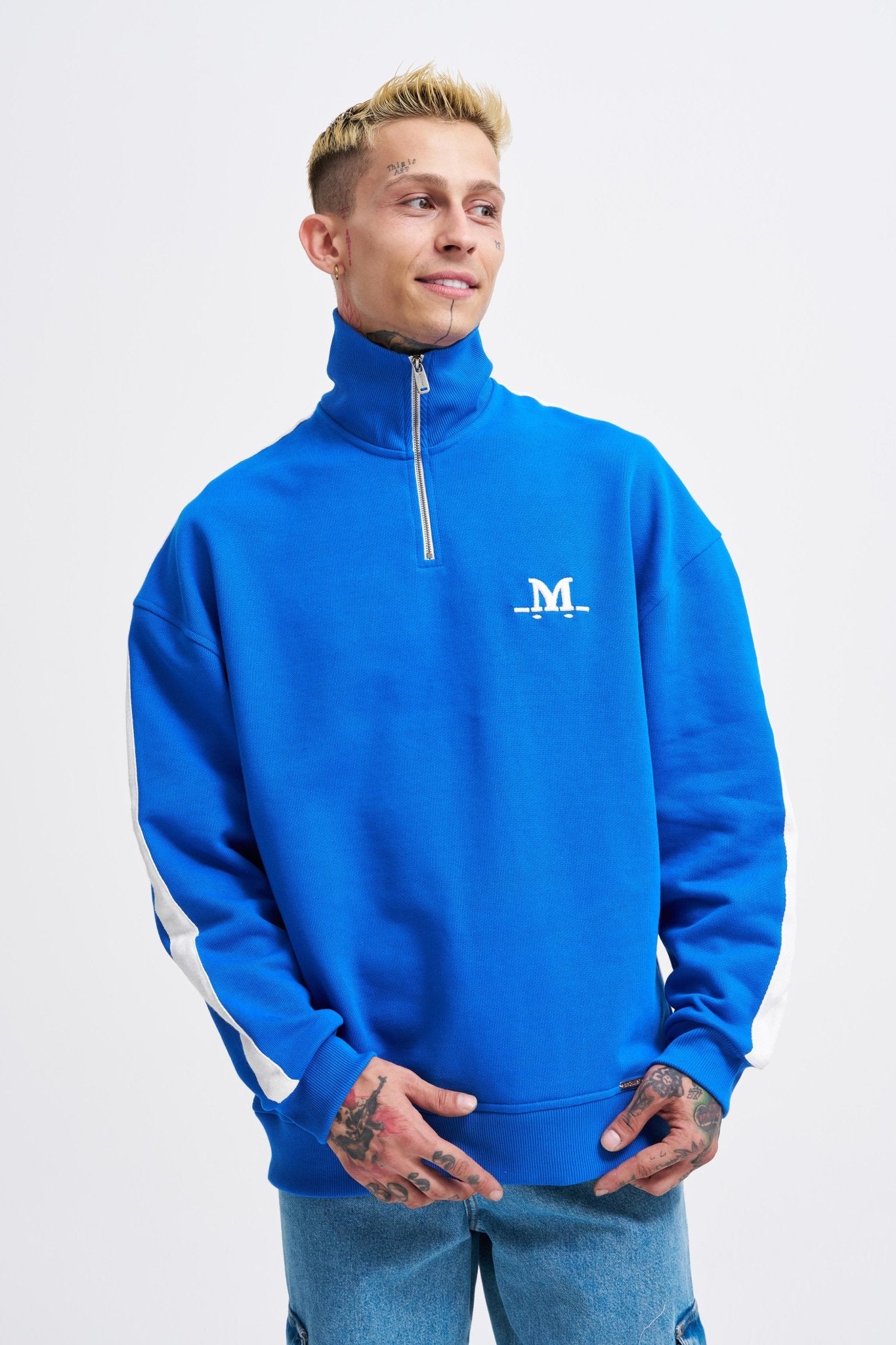 Erkek Yüksek Yaka Baskılı Fermuarlı Sweatshirt Açık Mavi