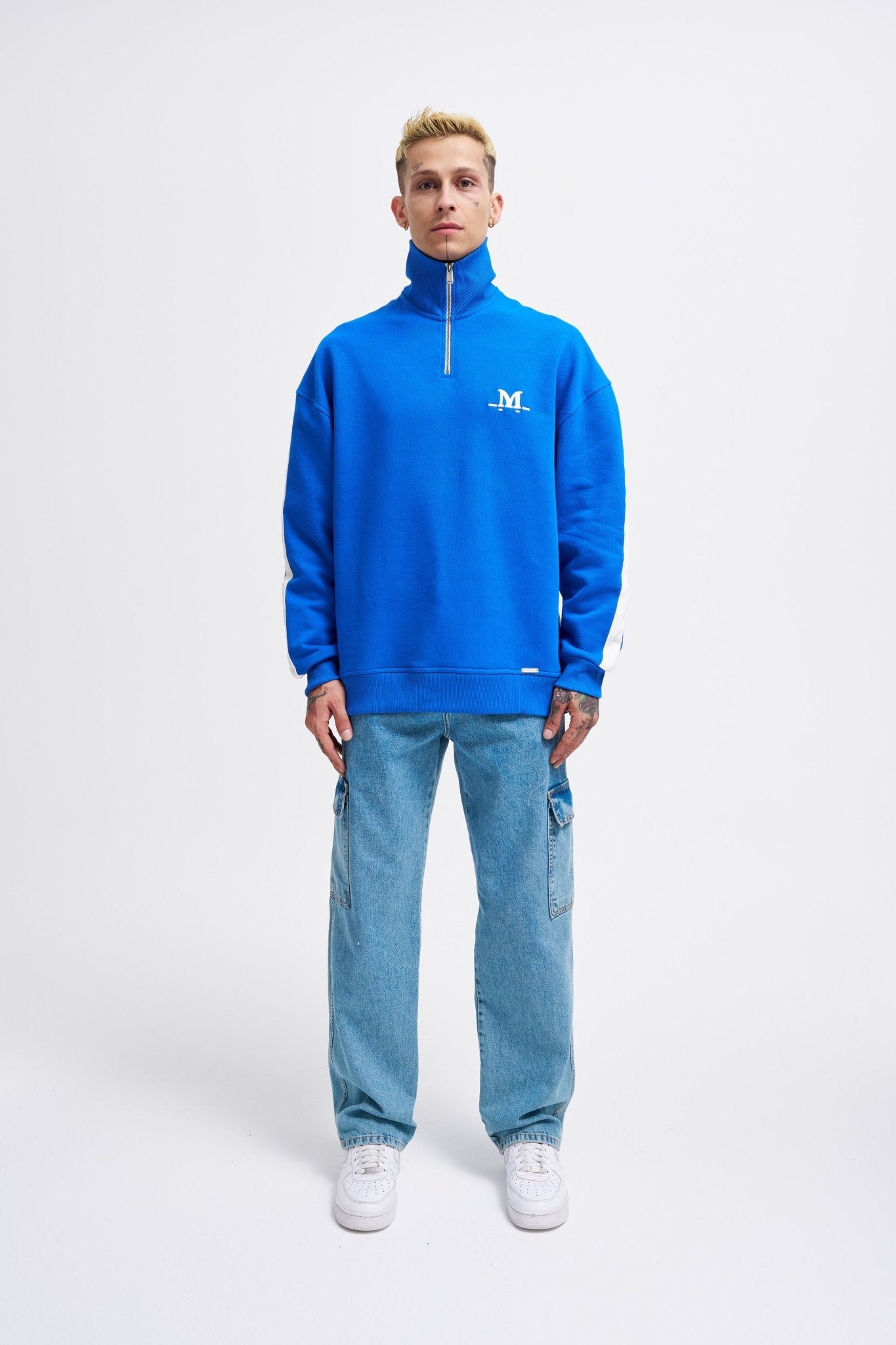 Erkek Yüksek Yaka Baskılı Fermuarlı Sweatshirt Açık Mavi