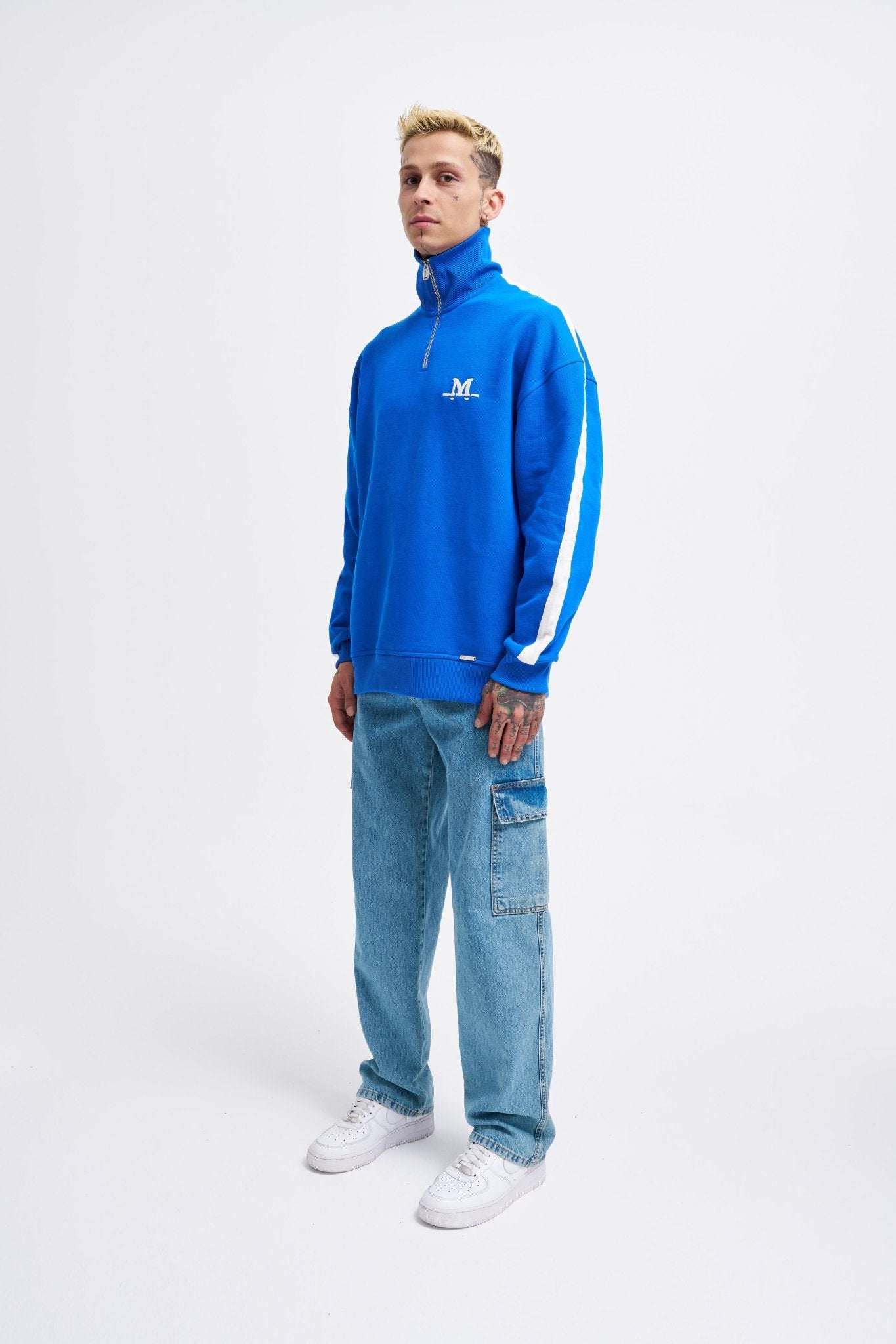 Erkek Yüksek Yaka Baskılı Fermuarlı Sweatshirt Açık Mavi