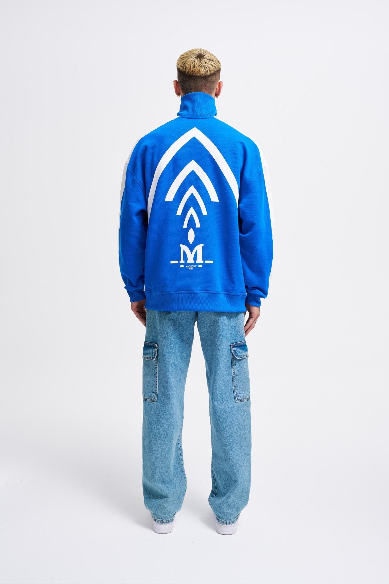 Erkek Yüksek Yaka Baskılı Fermuarlı Sweatshirt Açık Mavi