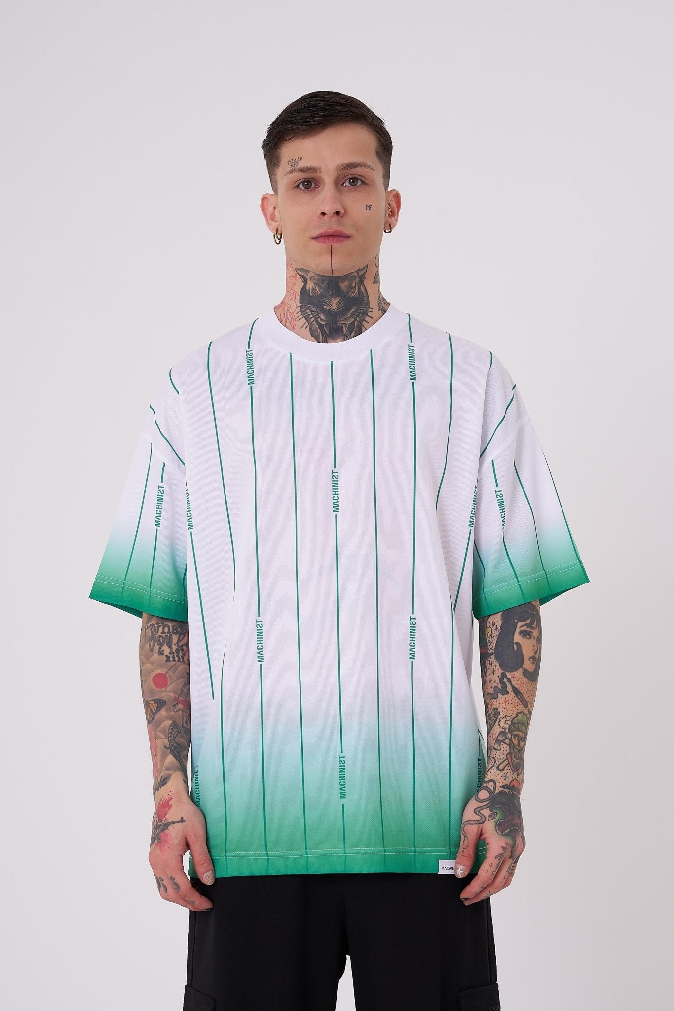 Erkek Striped Machinist Baskılı Oversize Tişört Beyaz - Elektrik Yeşil