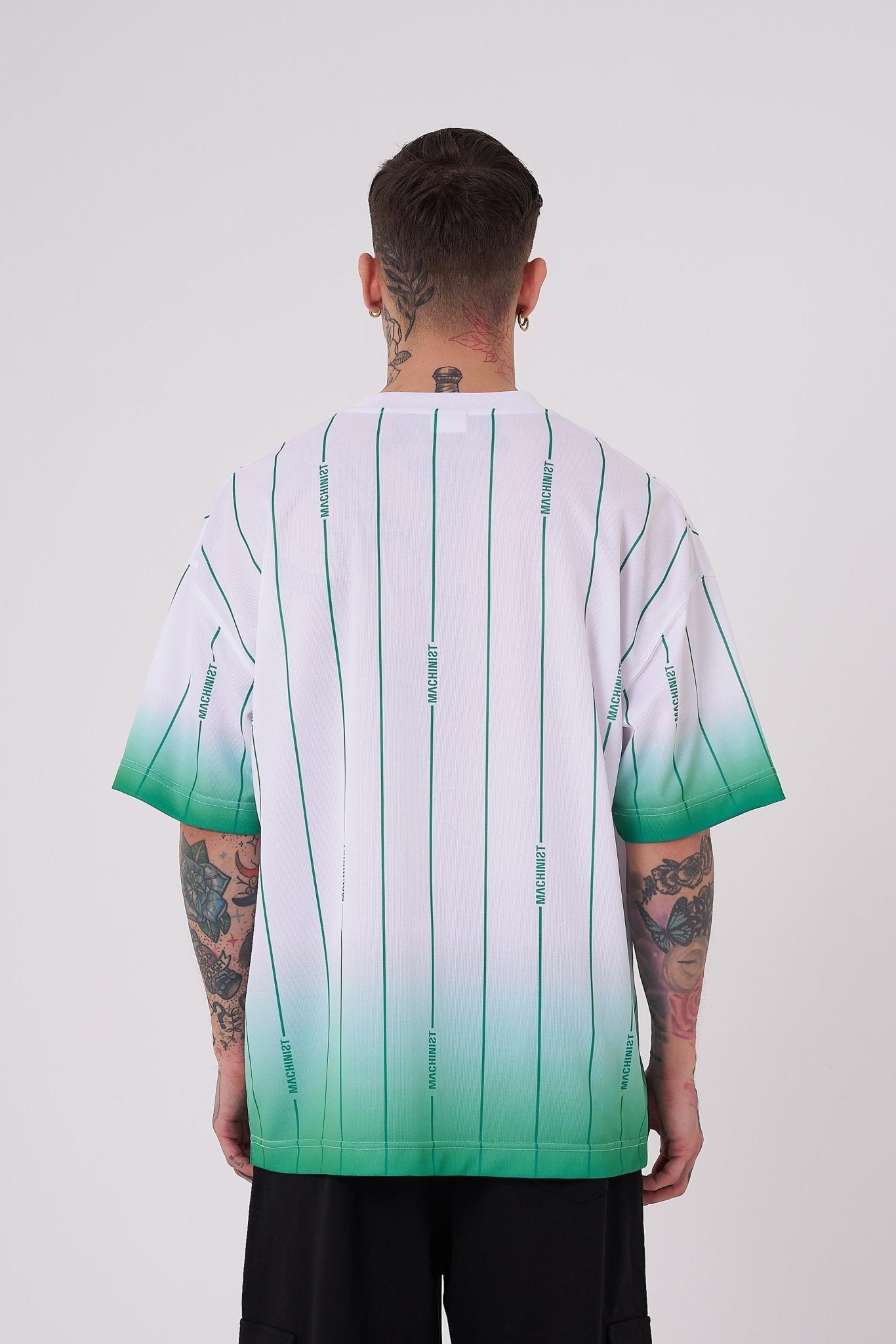 Erkek Striped Machinist Baskılı Oversize Tişört Beyaz - Elektrik Yeşil
