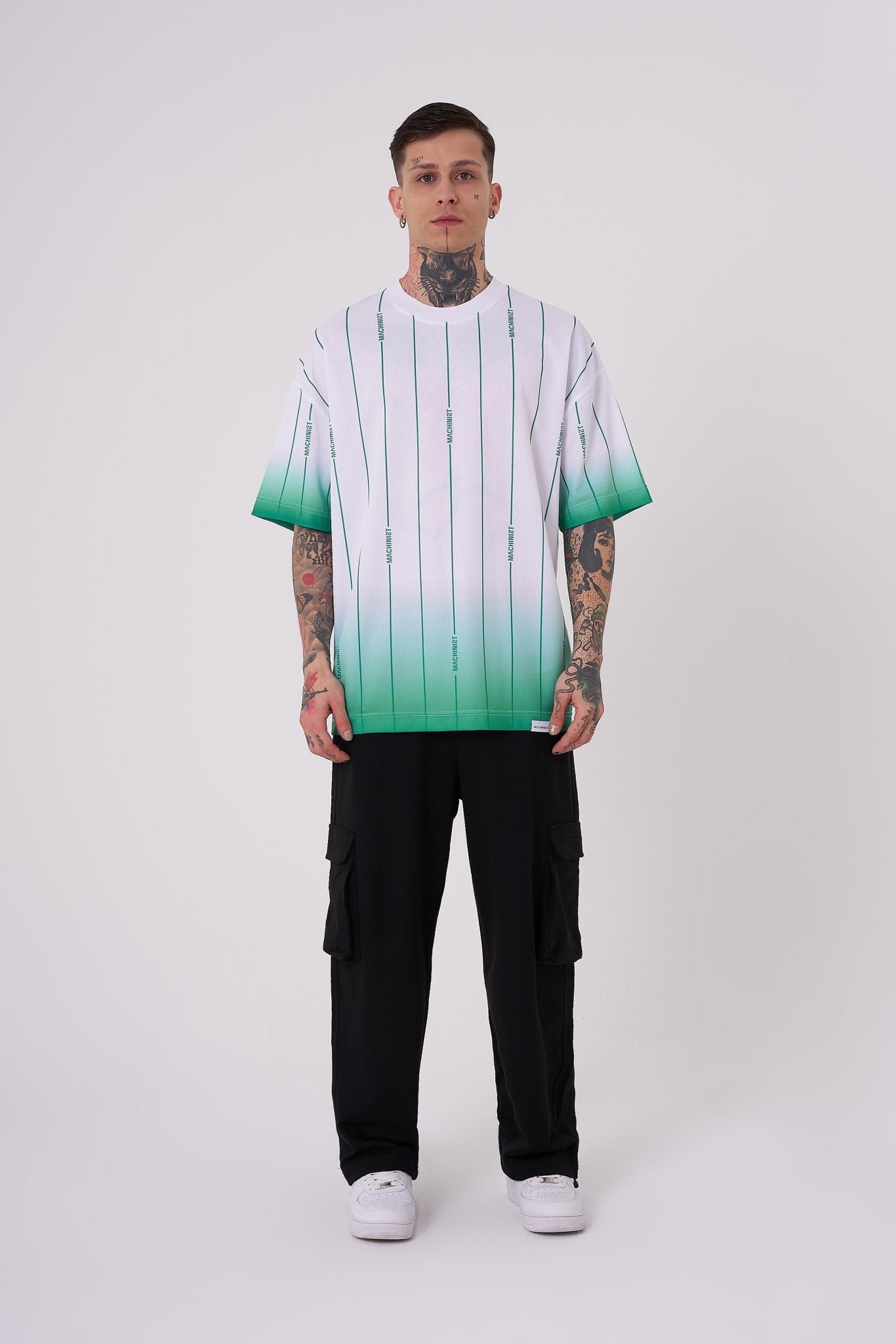 Erkek Striped Machinist Baskılı Oversize Tişört Beyaz - Elektrik Yeşil