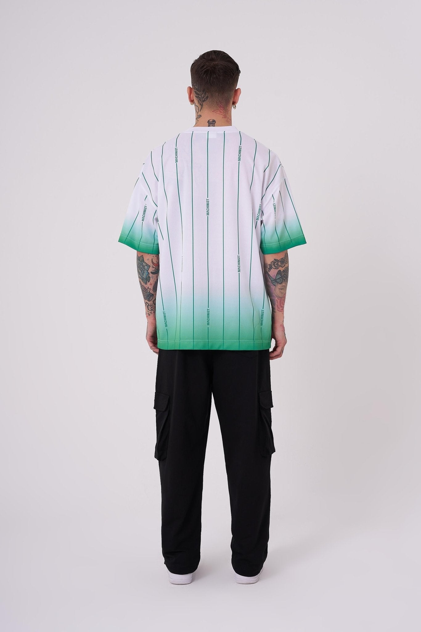 Erkek Striped Machinist Baskılı Oversize Tişört Beyaz - Elektrik Yeşil