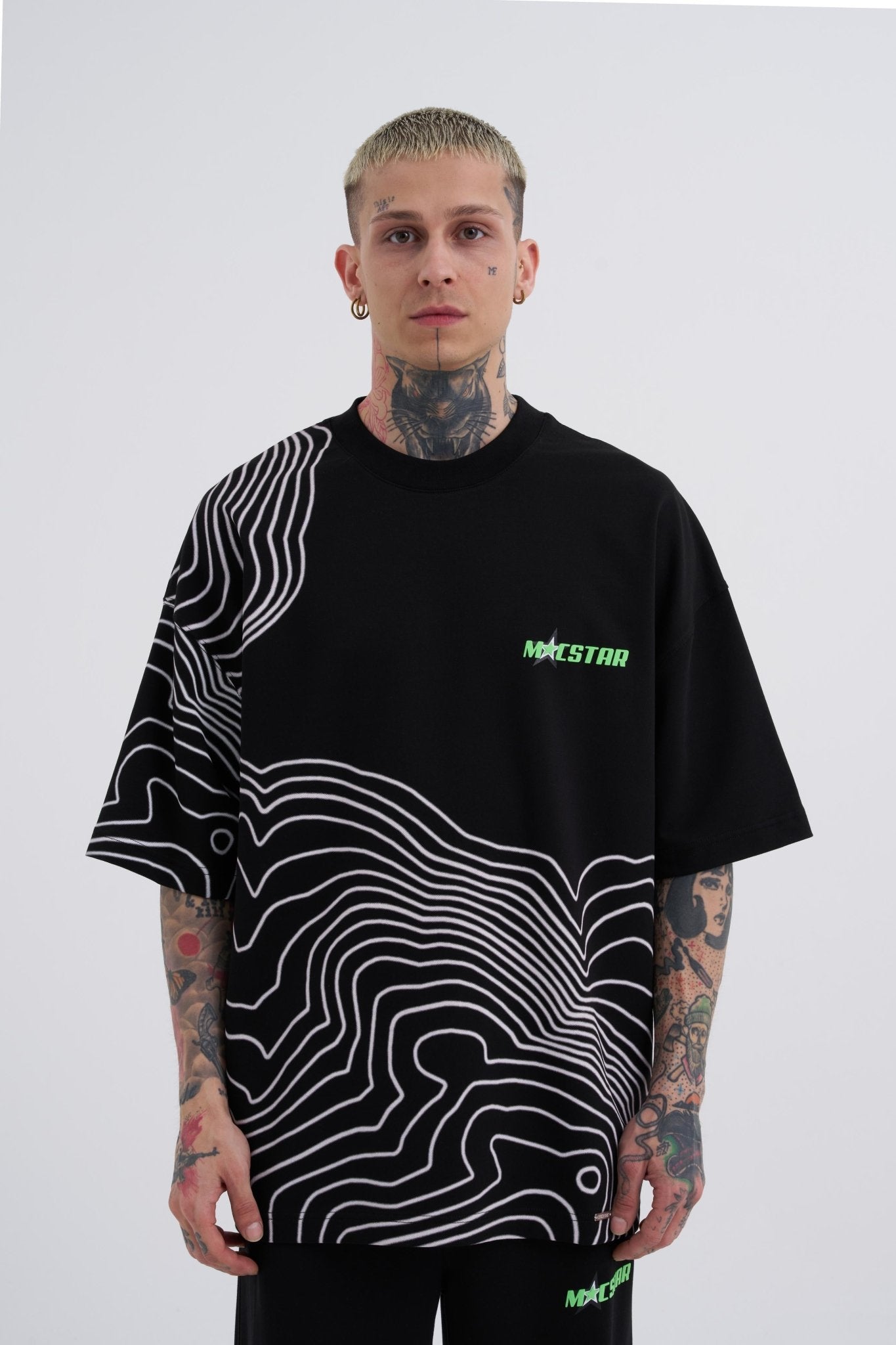 Erkek Striped Macstrar Oversize Tişört Siyah - Beyaz