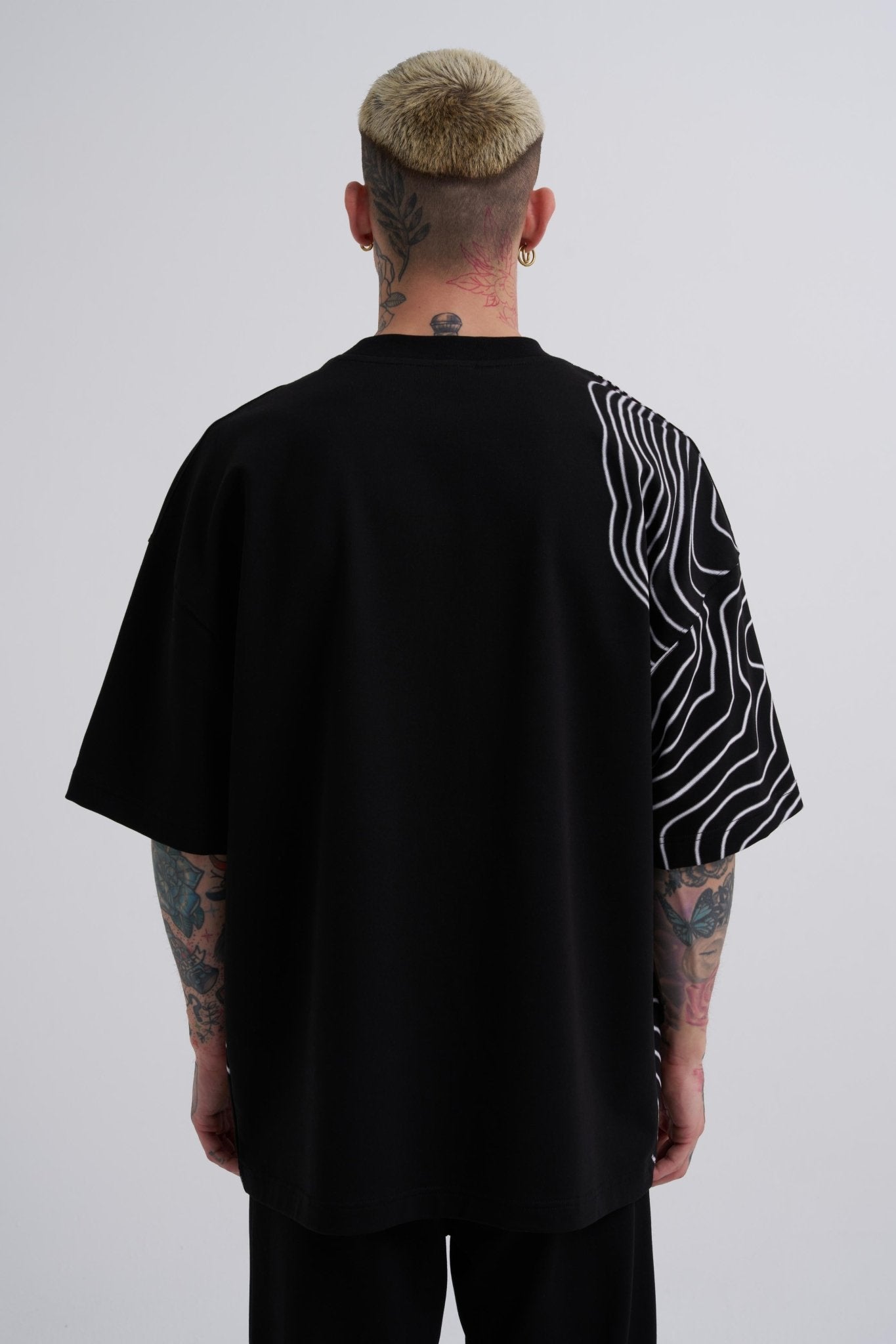 Erkek Striped Macstrar Oversize Tişört Siyah - Beyaz