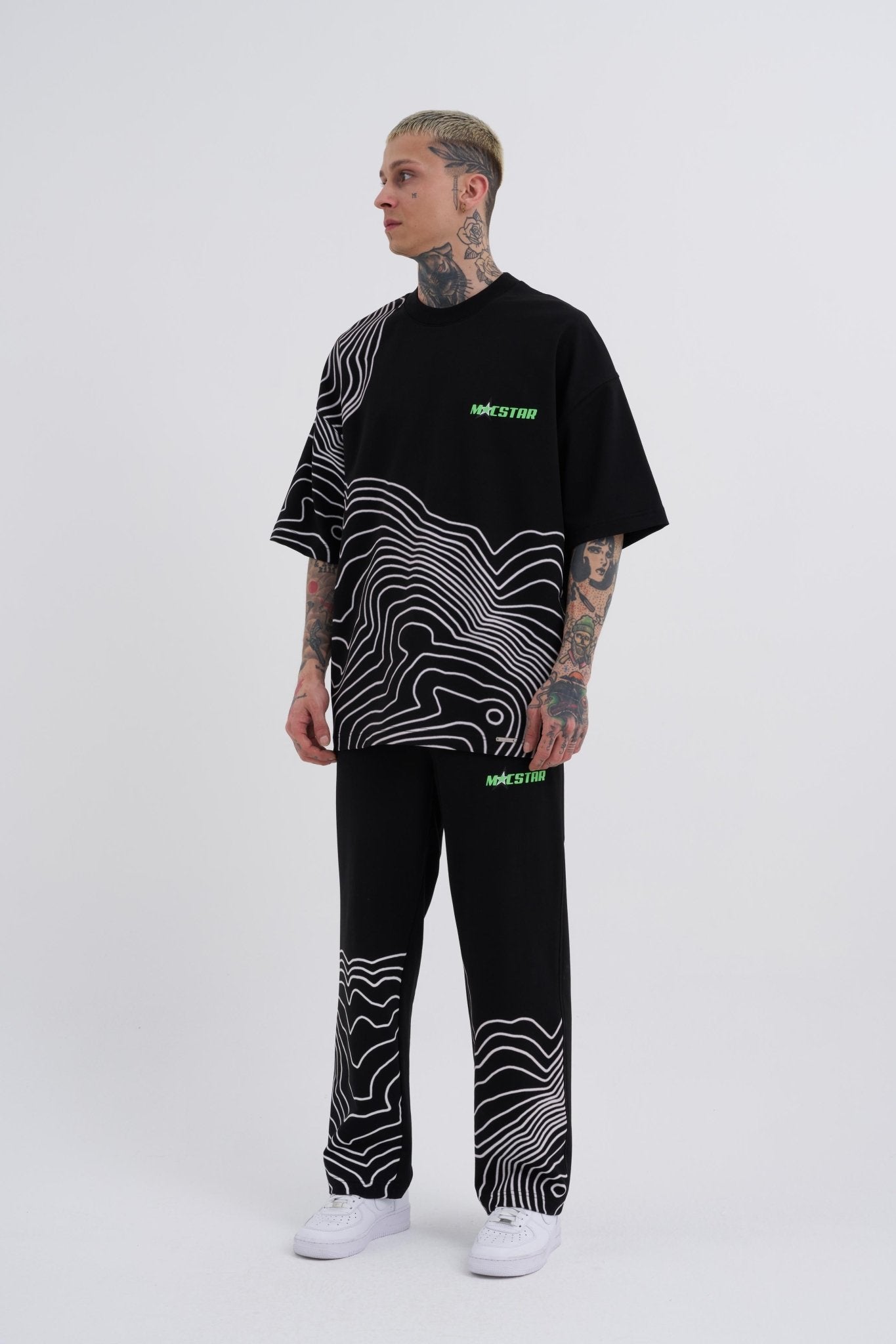 Erkek Striped Macstrar Oversize Tişört Siyah - Beyaz