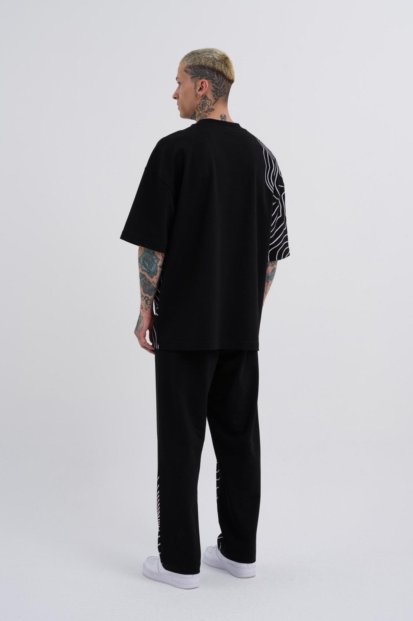 Erkek Striped Macstrar Oversize Tişört Siyah - Beyaz
