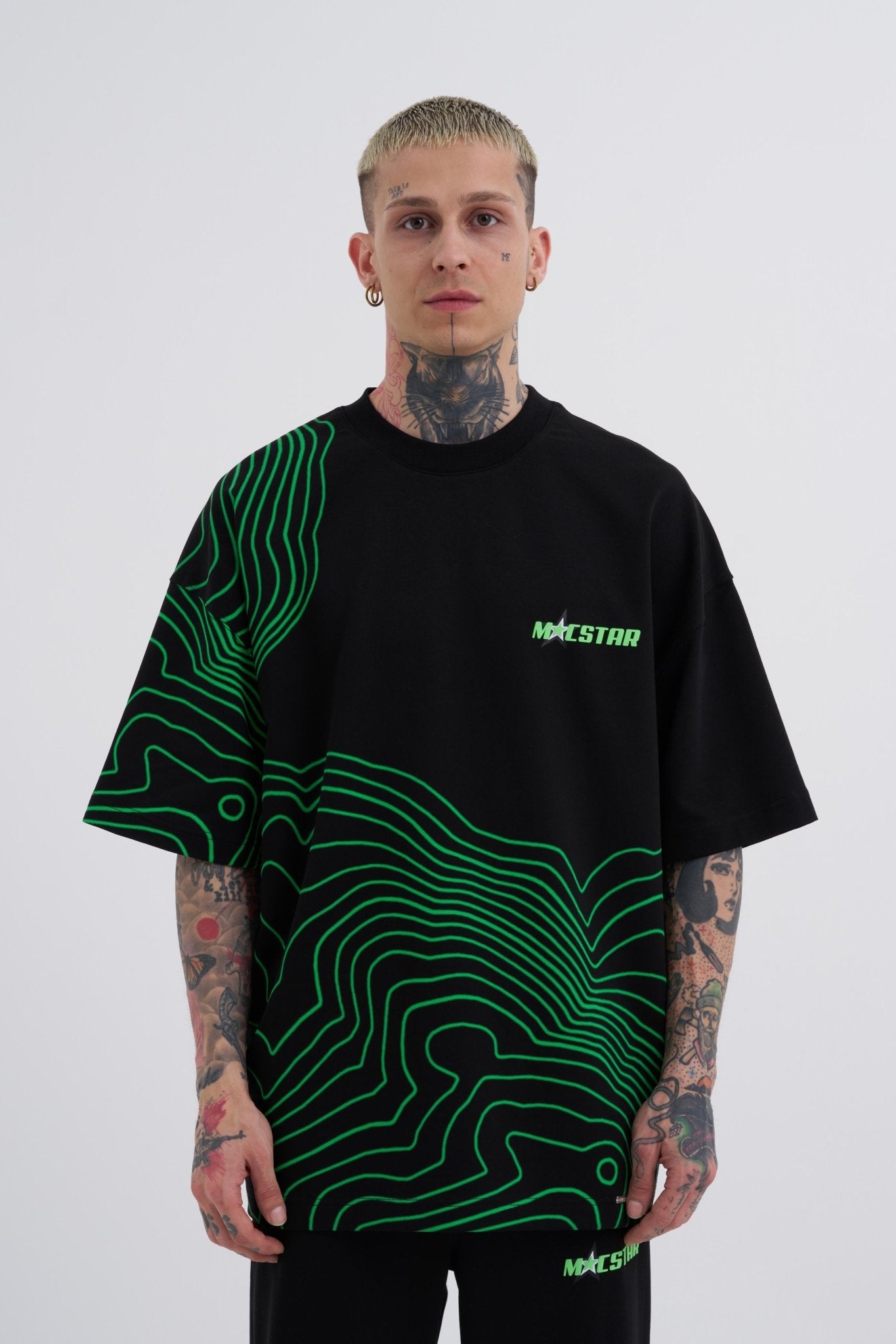 Erkek Striped Macstrar Oversize Tişört Siyah - Erik Yeşil