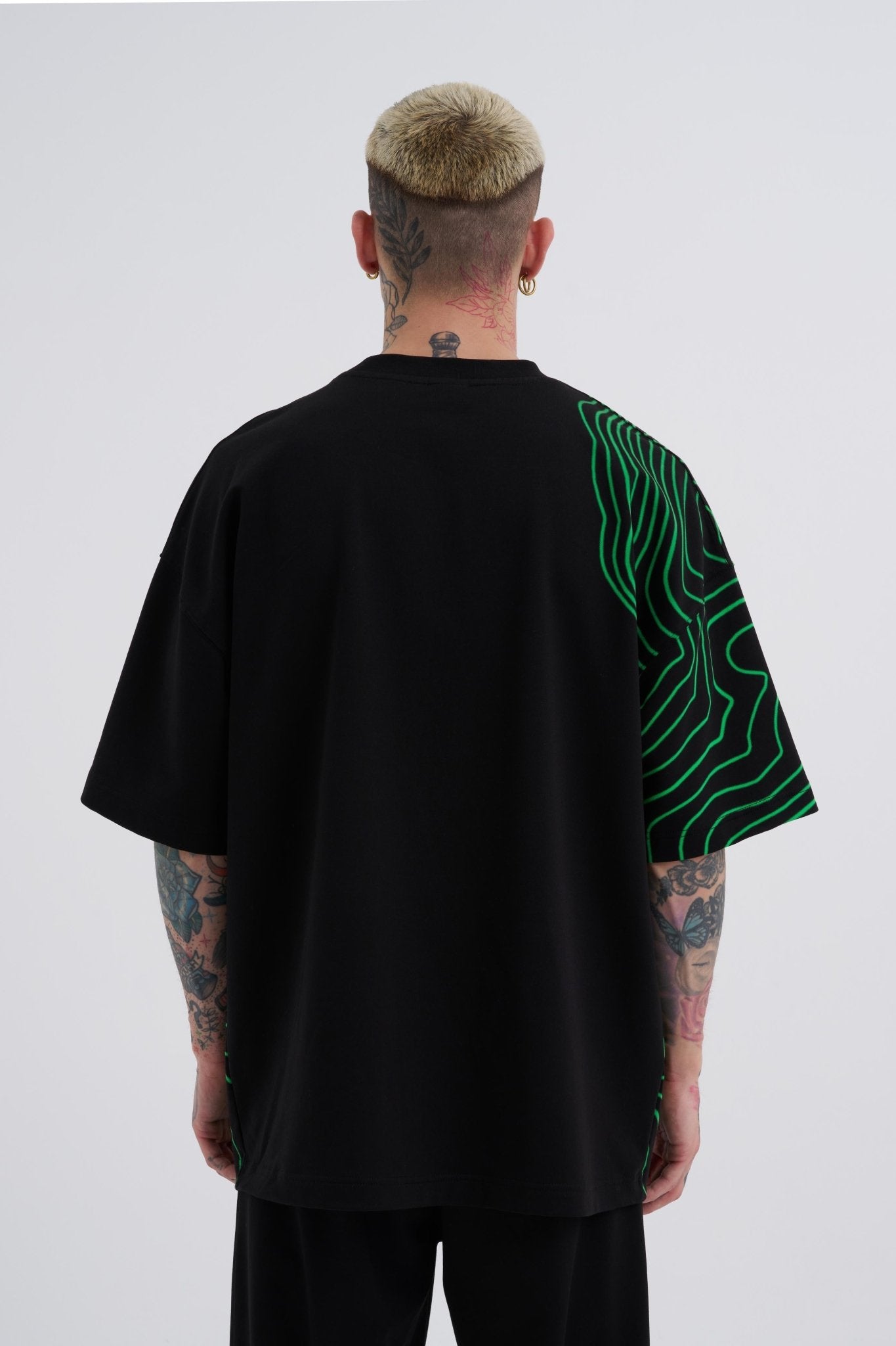 Erkek Striped Macstrar Oversize Tişört Siyah - Erik Yeşil