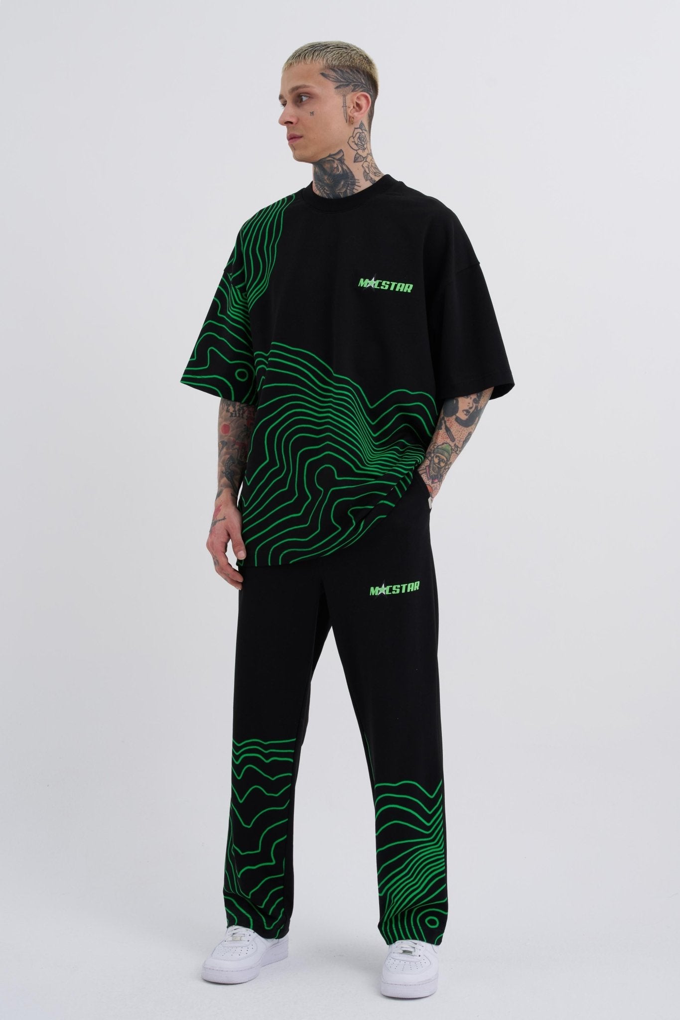 Erkek Striped Macstrar Oversize Tişört Siyah - Erik Yeşil