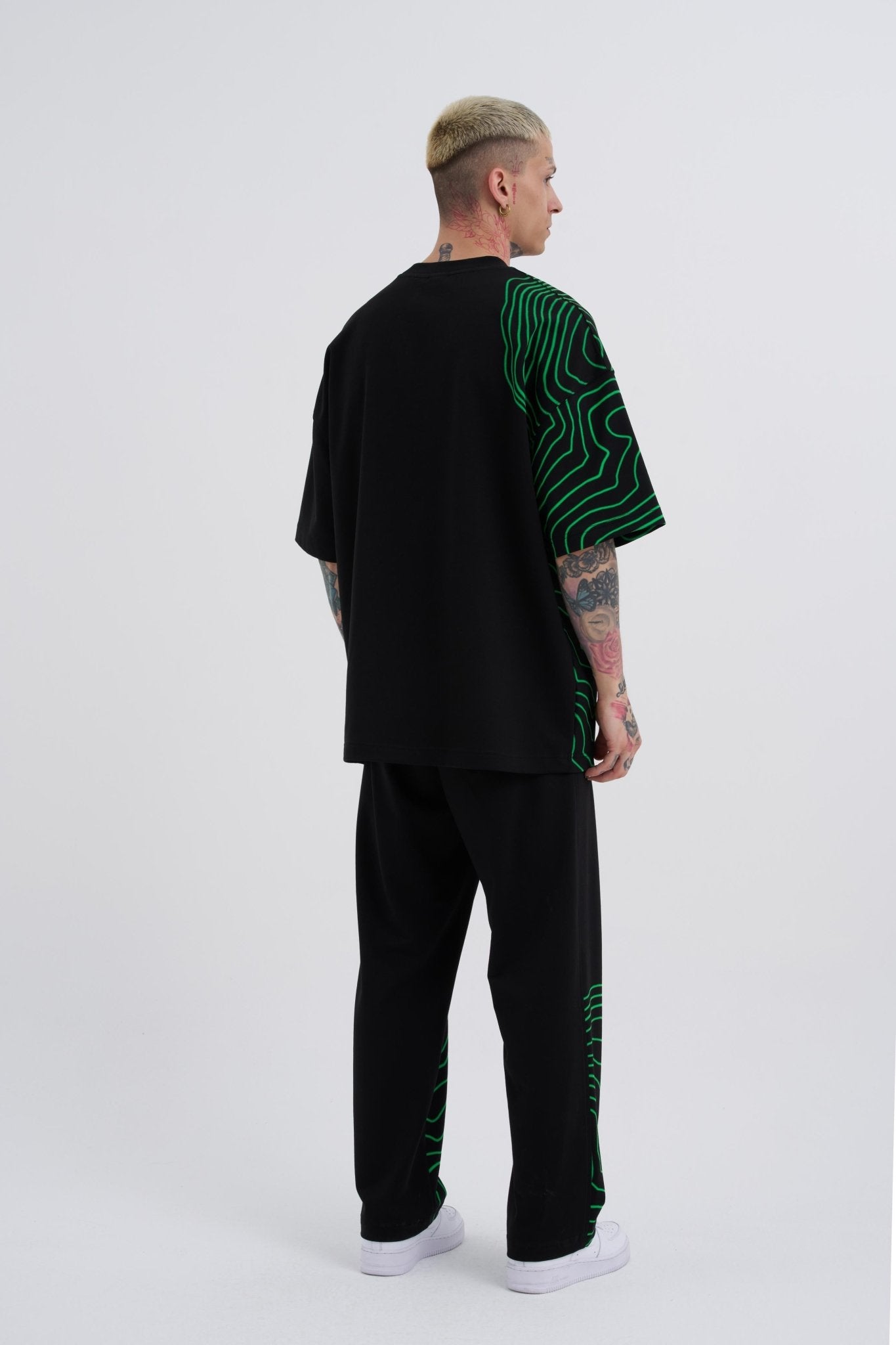 Erkek Striped Macstrar Oversize Tişört Siyah - Erik Yeşil