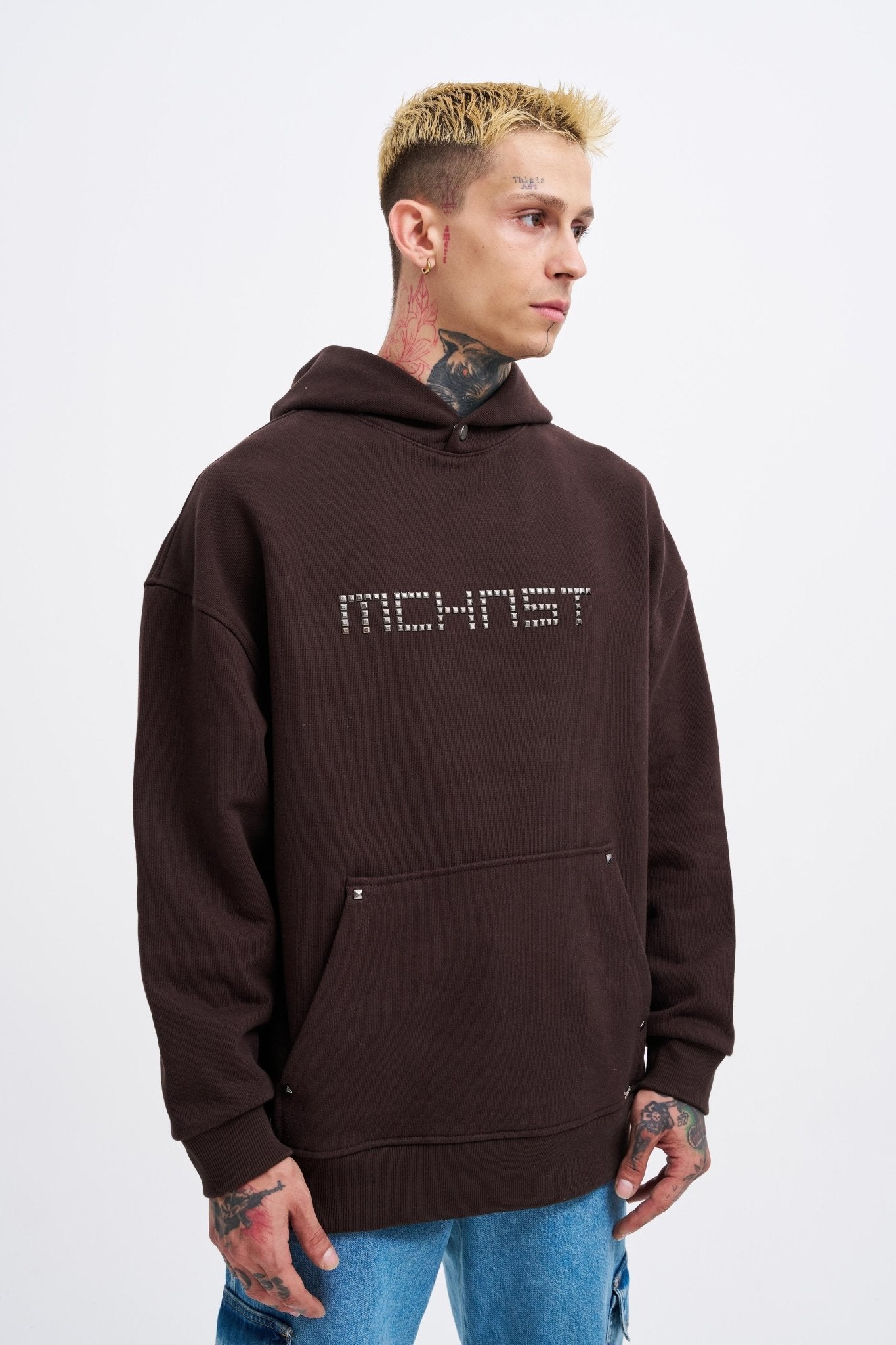 Erkek Studded Kapüşonlu Sweatshirt Koyu Kahverengi