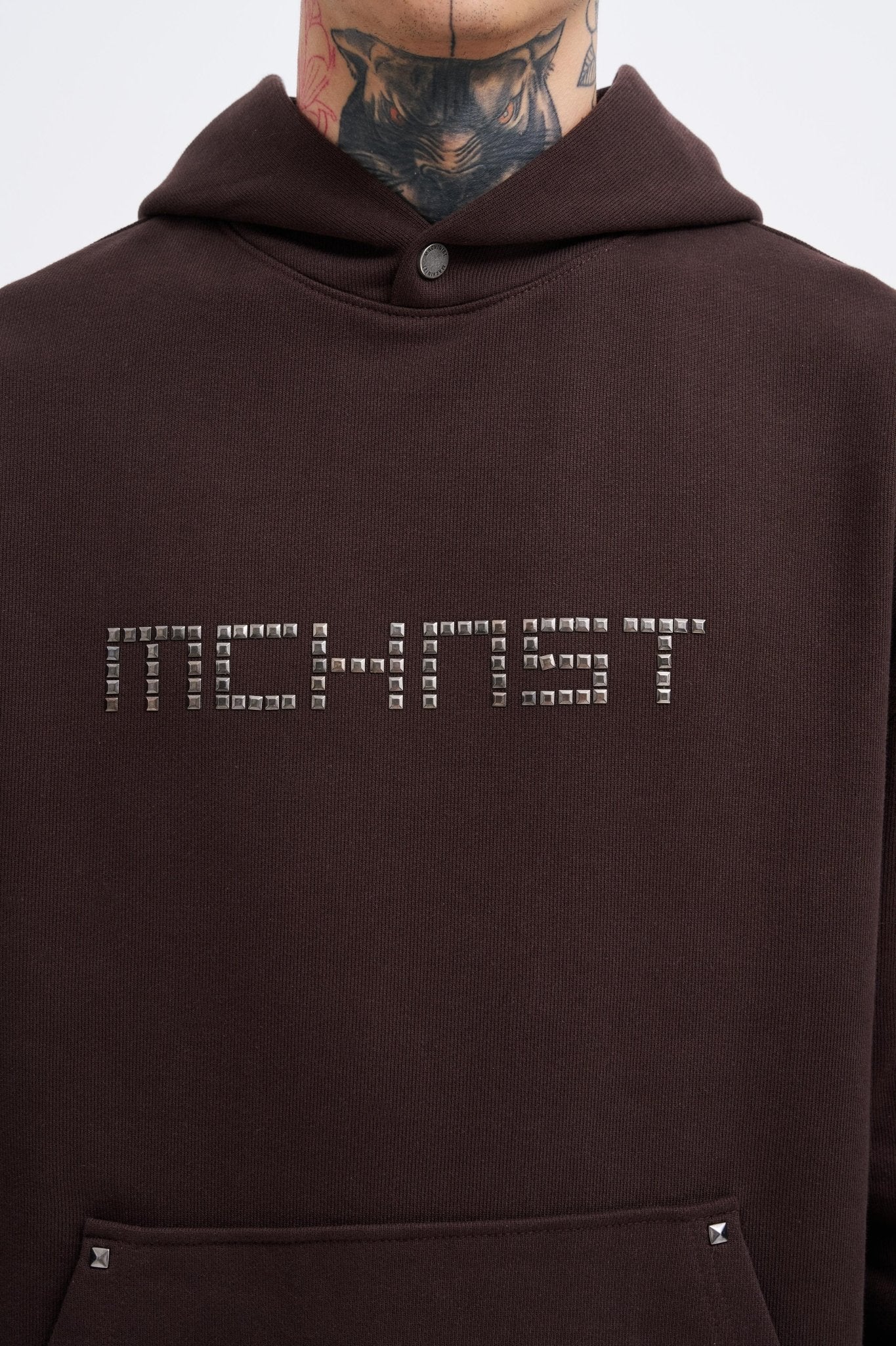 Erkek Studded Kapüşonlu Sweatshirt Koyu Kahverengi