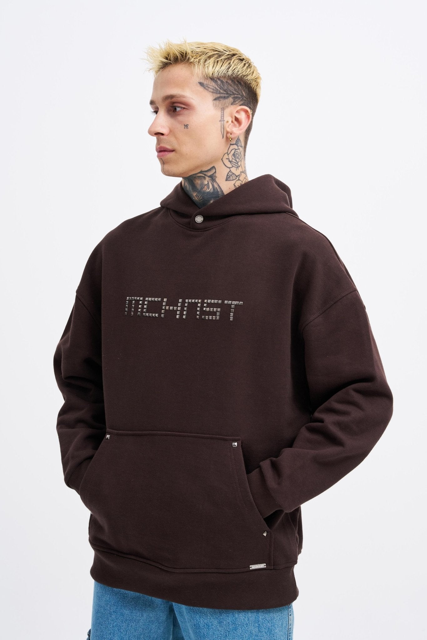 Erkek Studded Kapüşonlu Sweatshirt Koyu Kahverengi