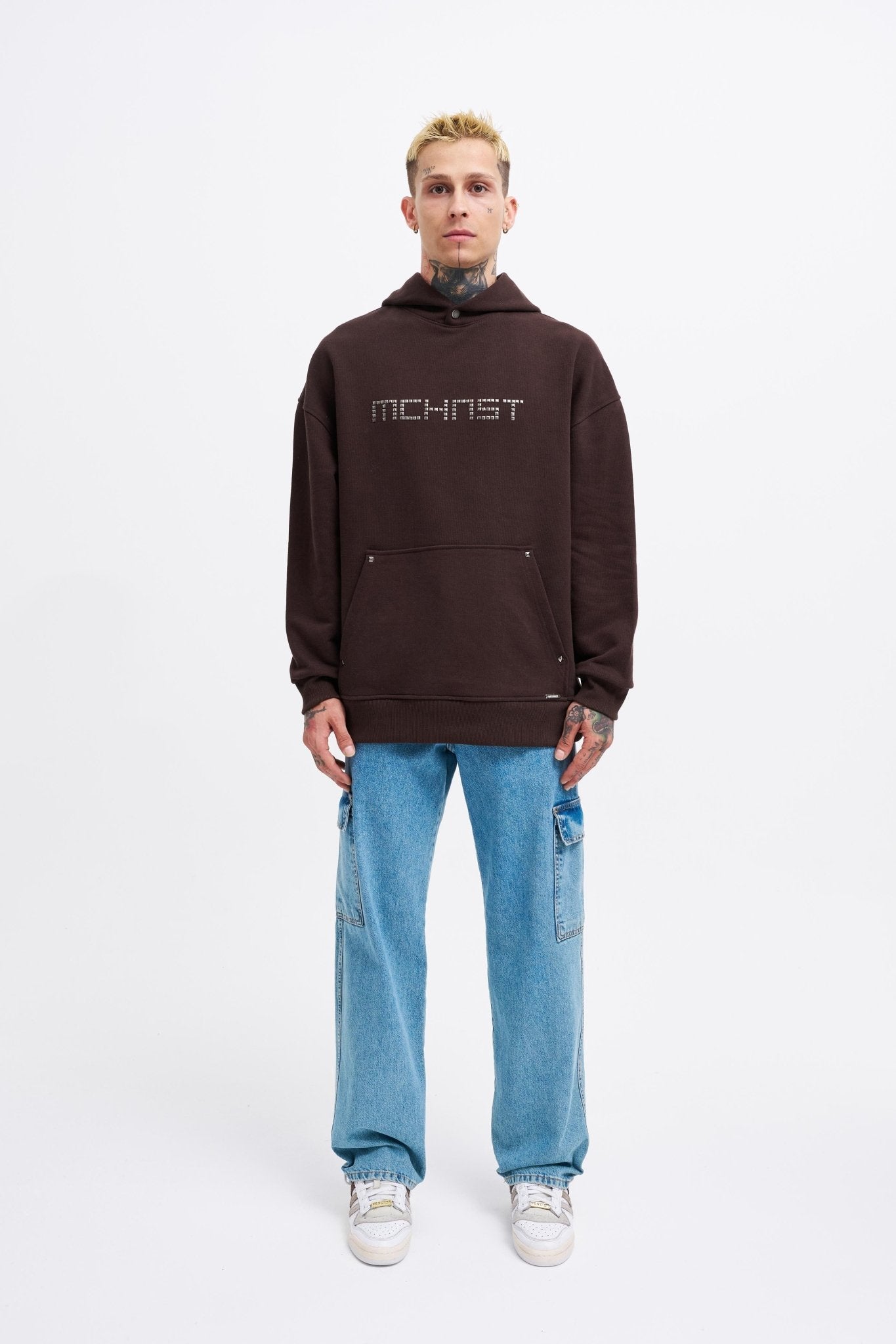 Erkek Studded Kapüşonlu Sweatshirt Koyu Kahverengi