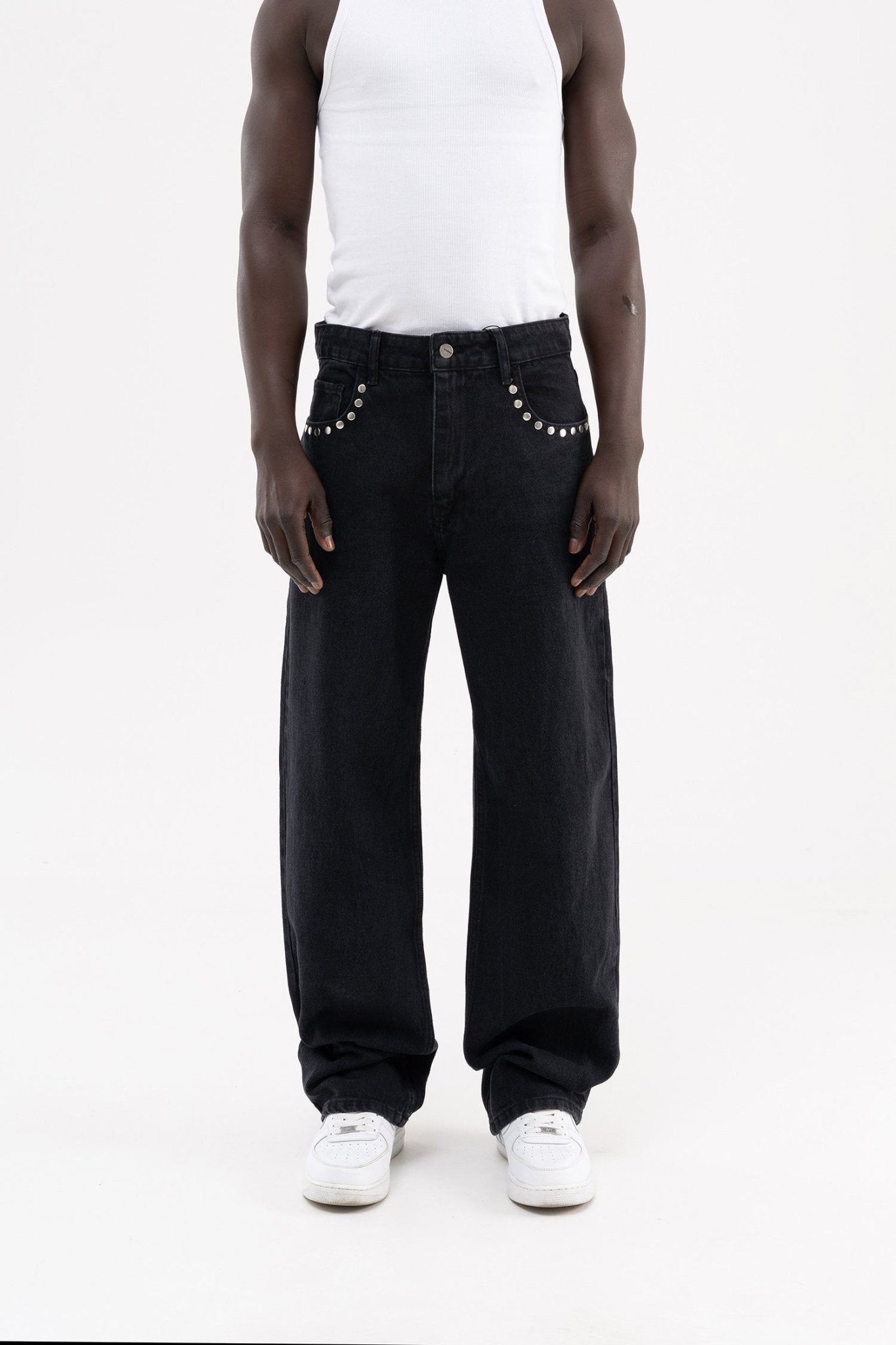 Erkek Studs Embellished Baggy Jean Pantolon Açık Siyah
