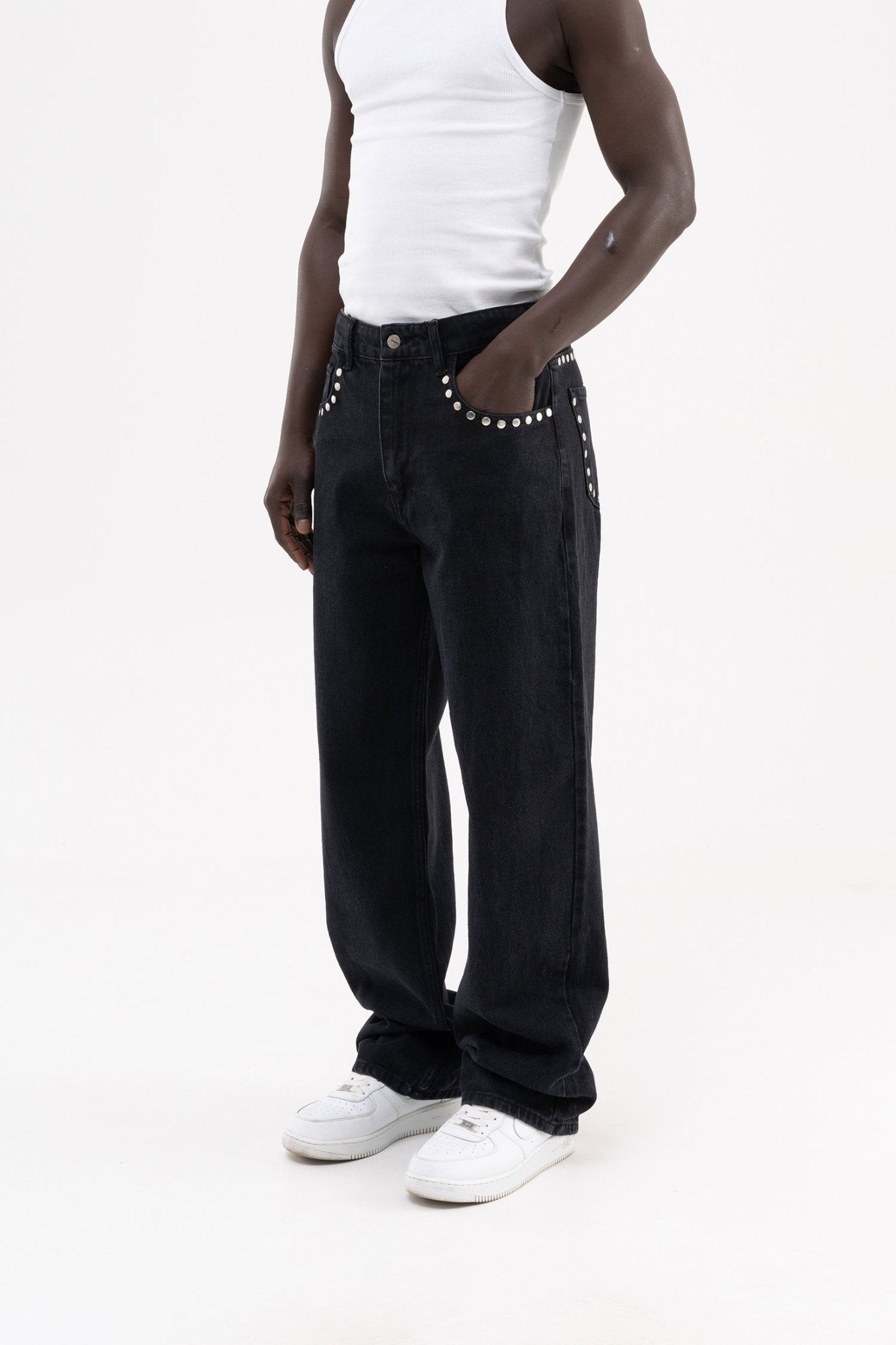 Erkek Studs Embellished Baggy Jean Pantolon Açık Siyah