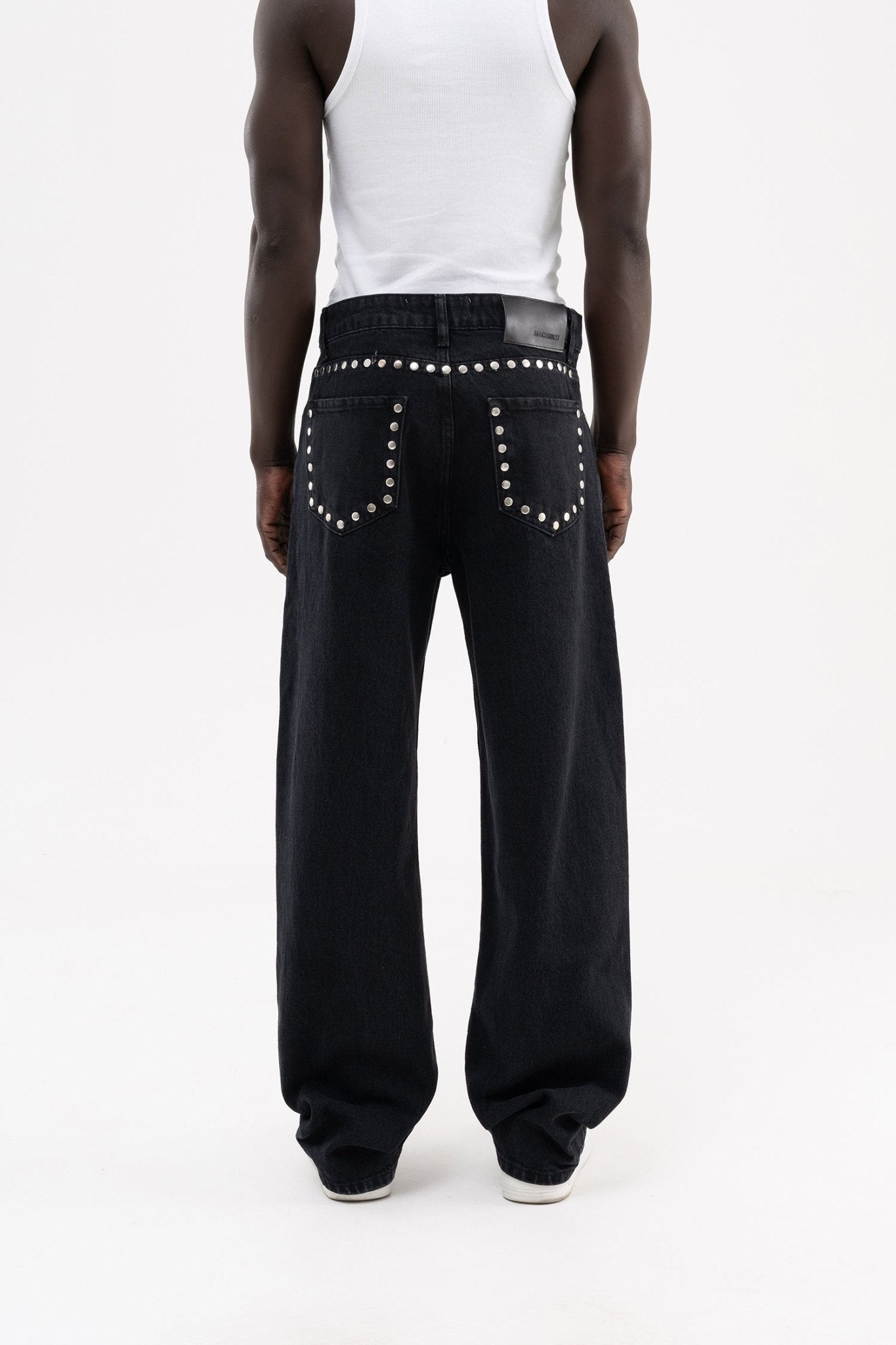 Erkek Studs Embellished Baggy Jean Pantolon Açık Siyah
