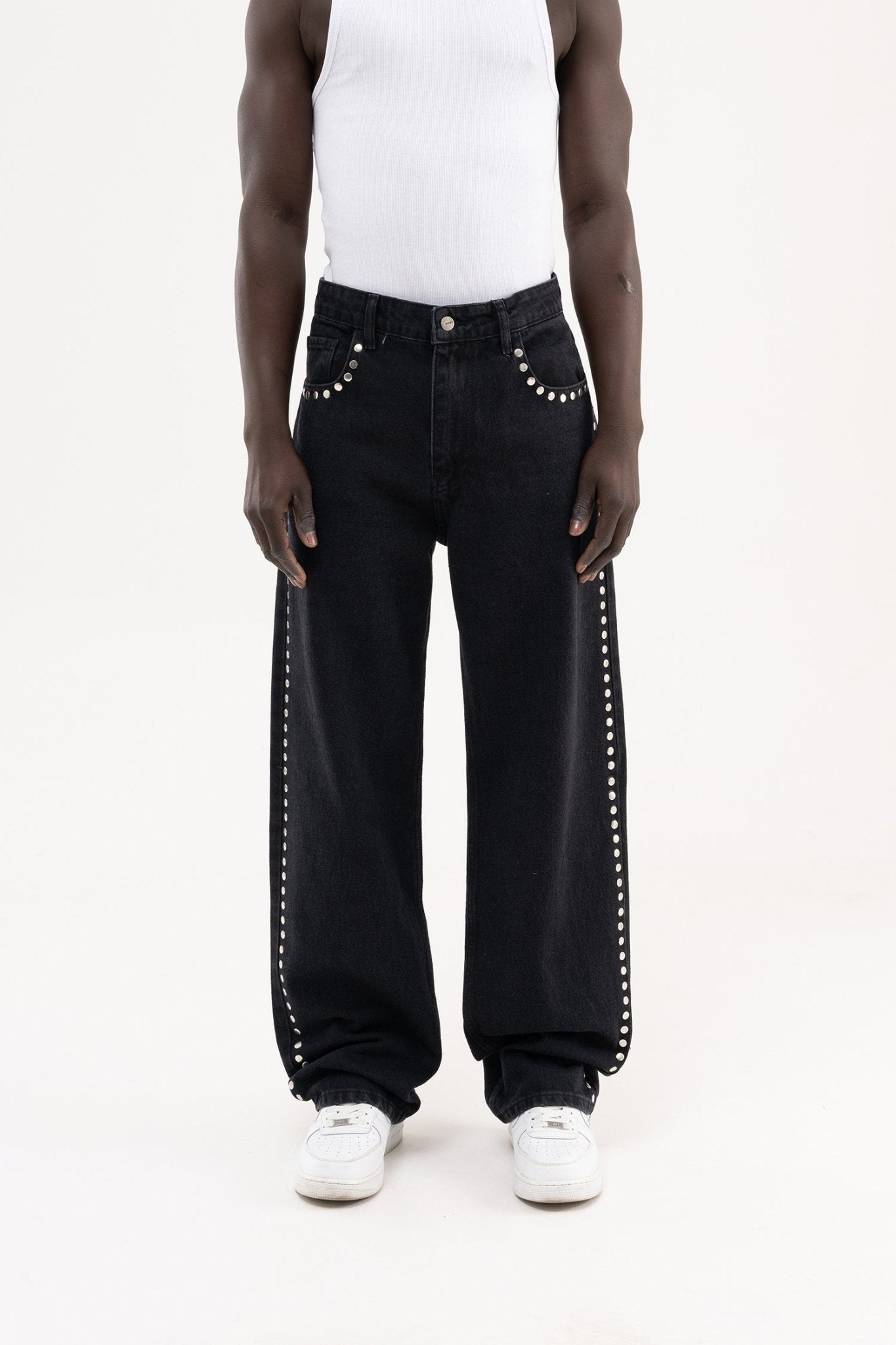 Erkek Studs Embellished Baggy Jean Pantolon Siyah