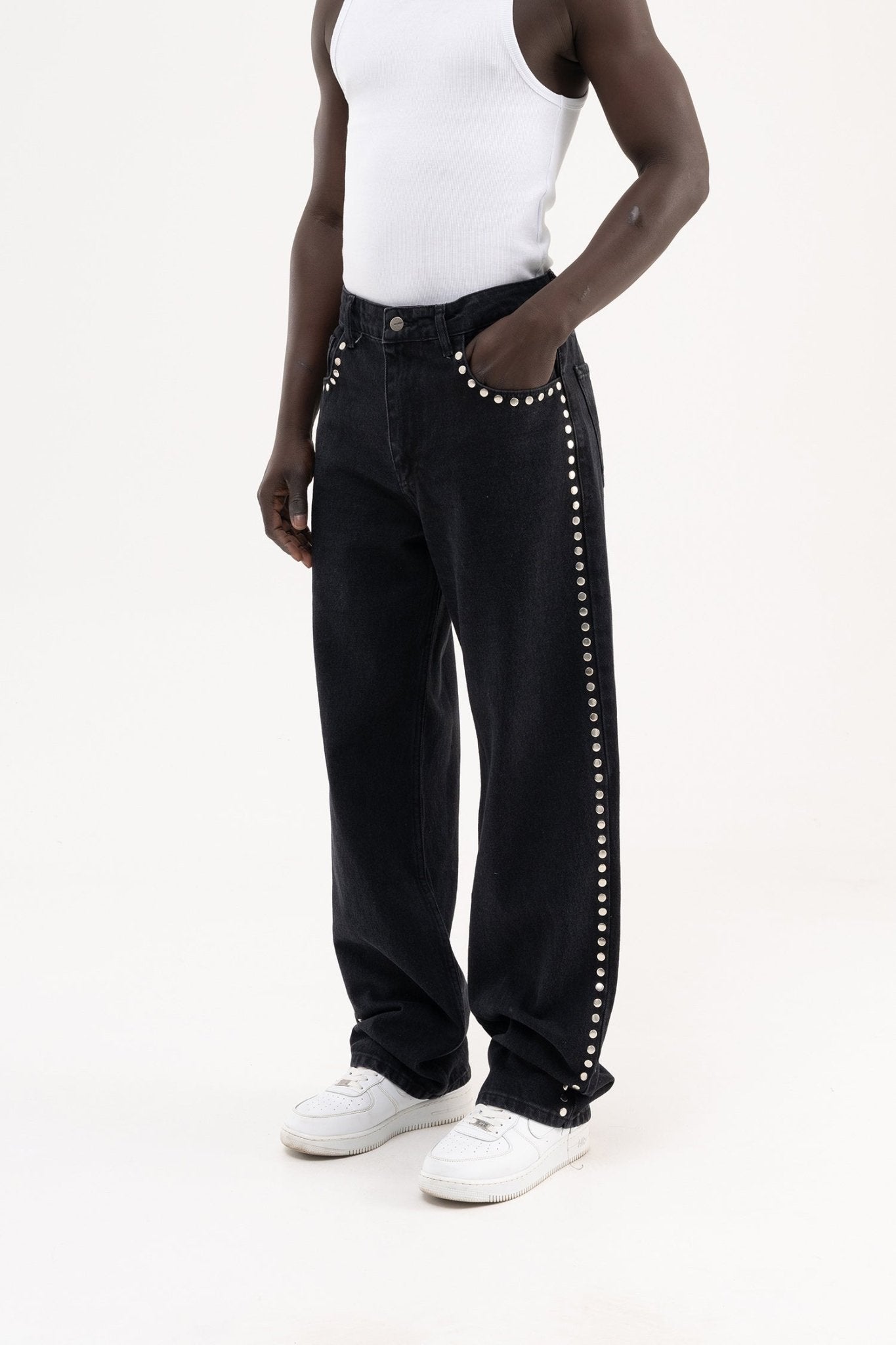 Erkek Studs Embellished Baggy Jean Pantolon Siyah