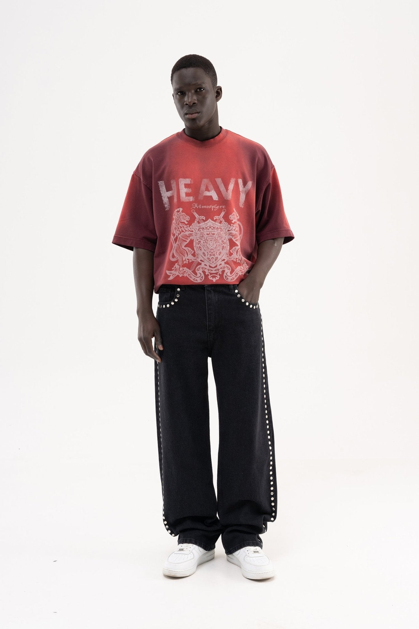 Erkek Studs Embellished Baggy Jean Pantolon Siyah
