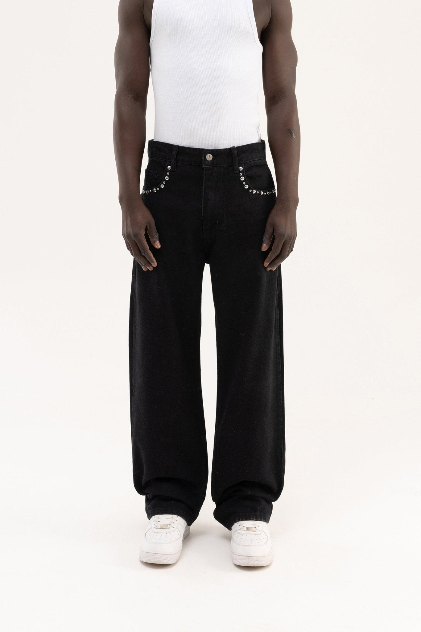 Erkek Studs Embellished Baggy Jean Pantolon Siyah