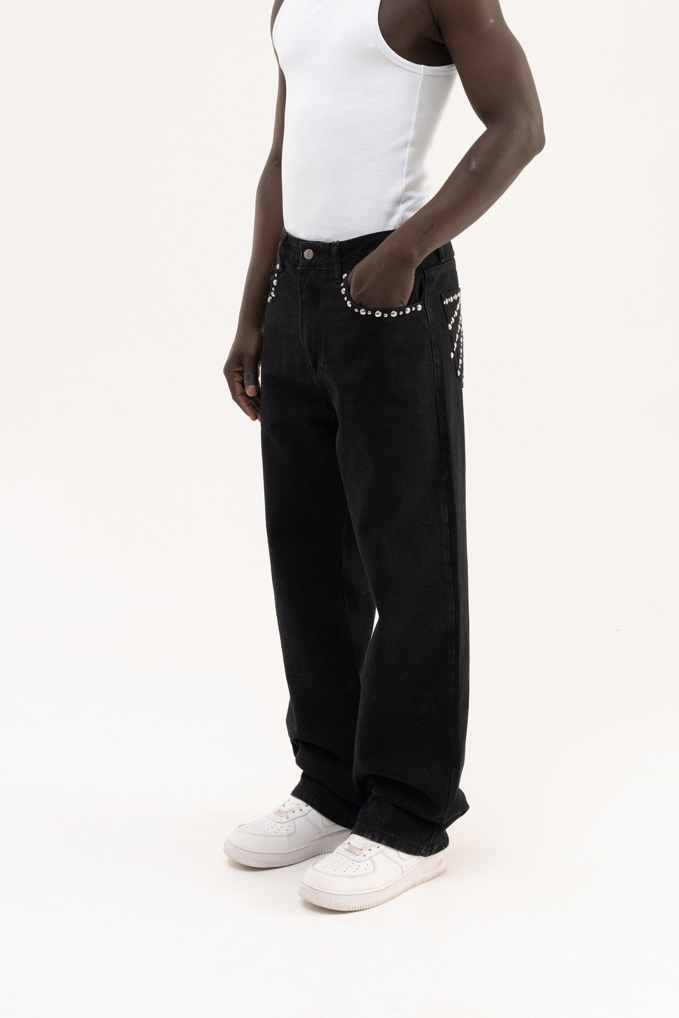 Erkek Studs Embellished Baggy Jean Pantolon Siyah