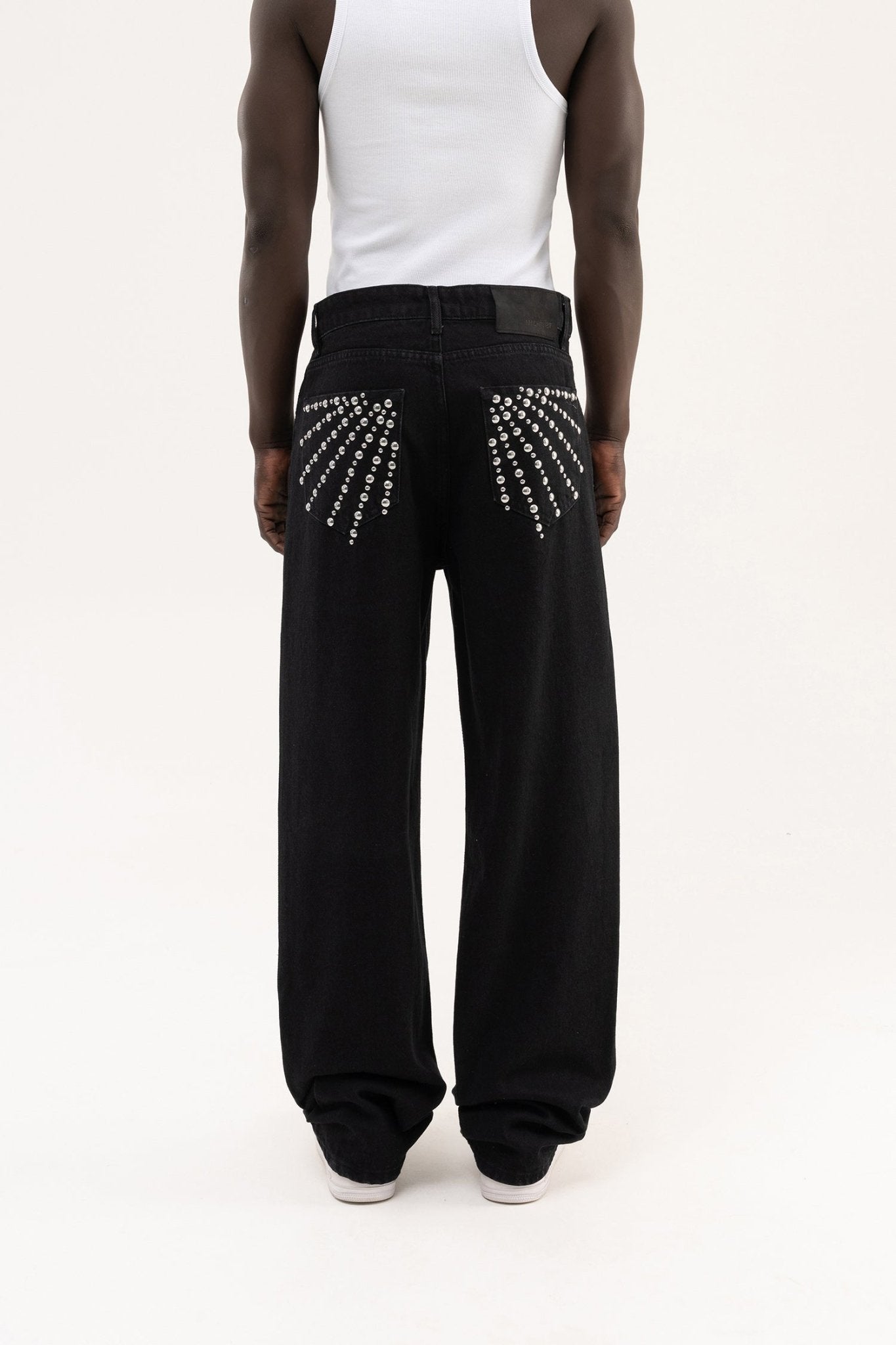 Erkek Studs Embellished Baggy Jean Pantolon Siyah