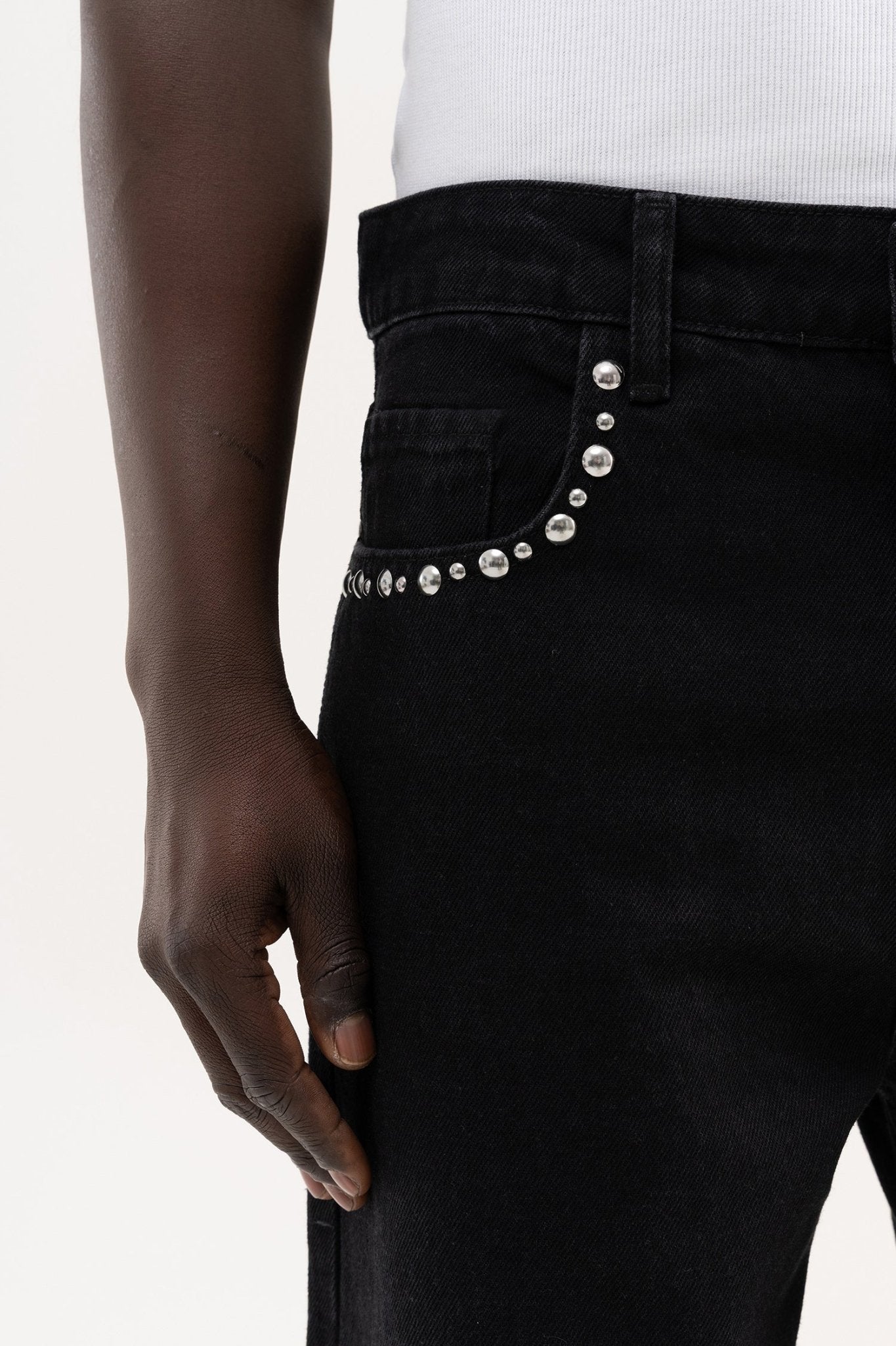 Erkek Studs Embellished Baggy Jean Pantolon Siyah