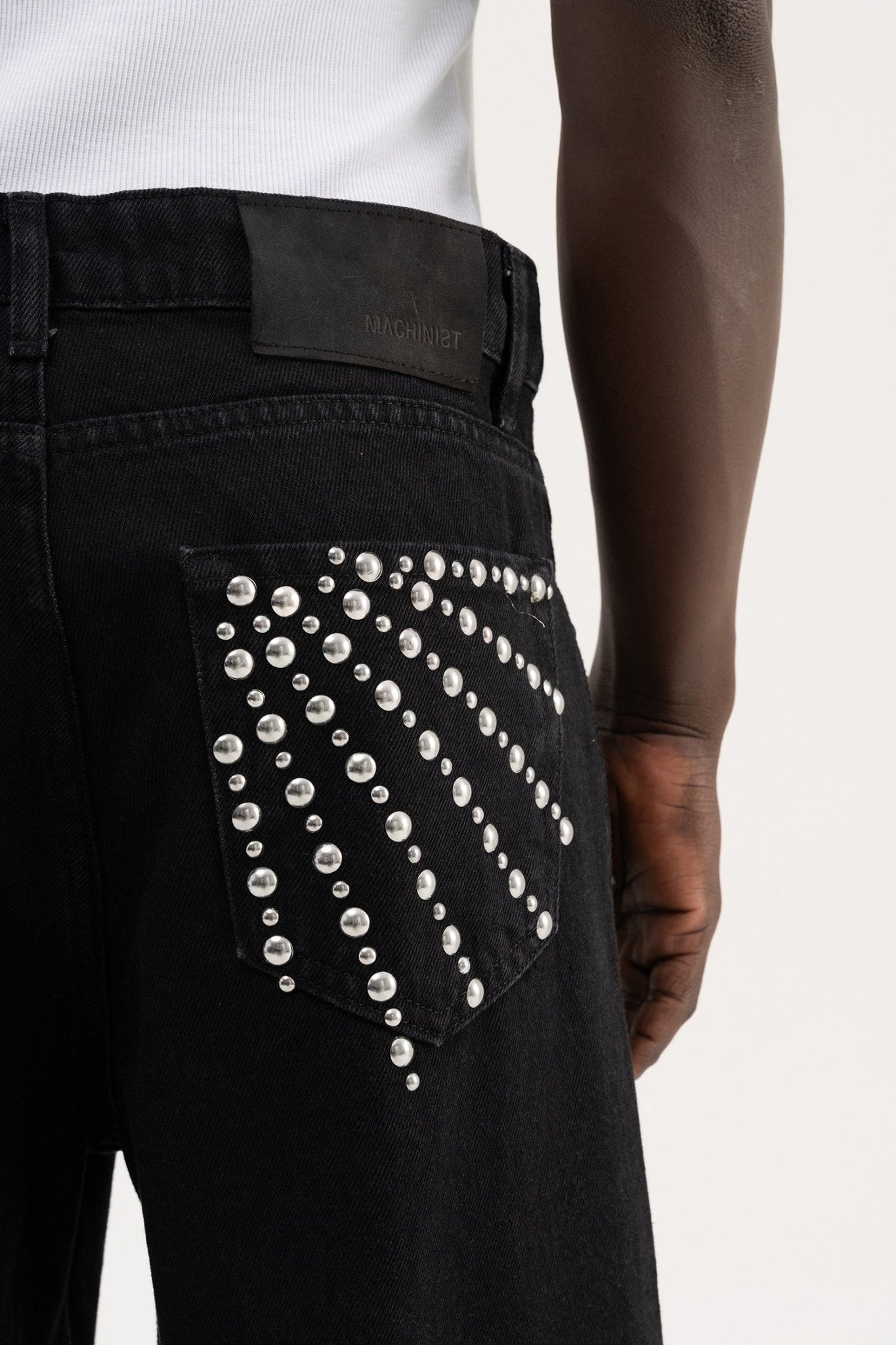 Erkek Studs Embellished Baggy Jean Pantolon Siyah