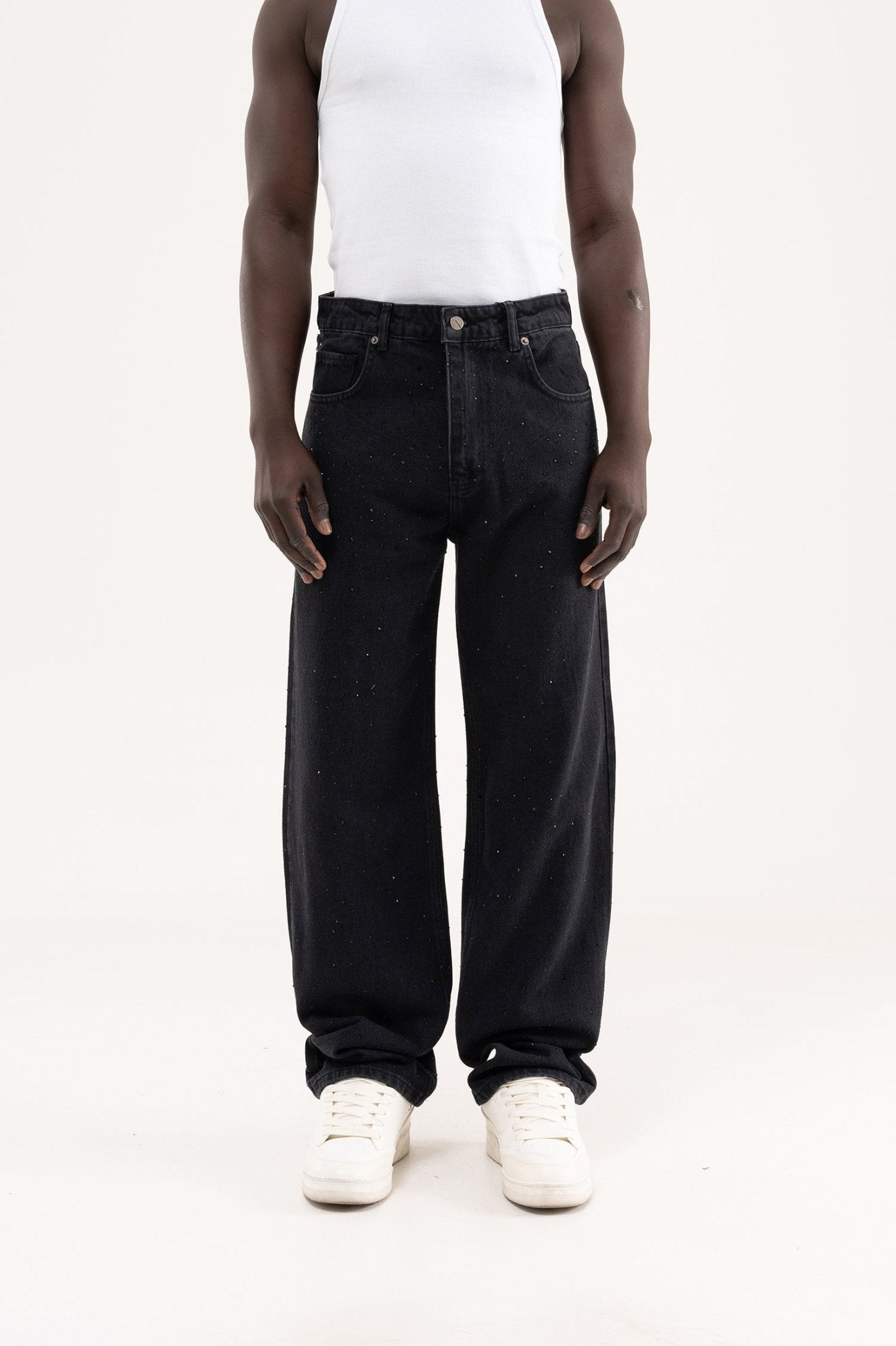 Erkek Studs Embellished Baggy Jean Pantolon Siyah Açık Taş