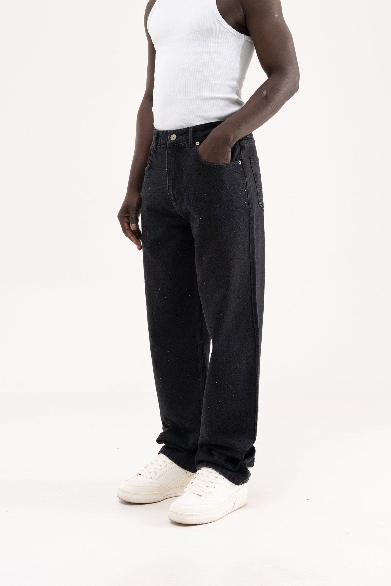 Erkek Studs Embellished Baggy Jean Pantolon Siyah Açık Taş